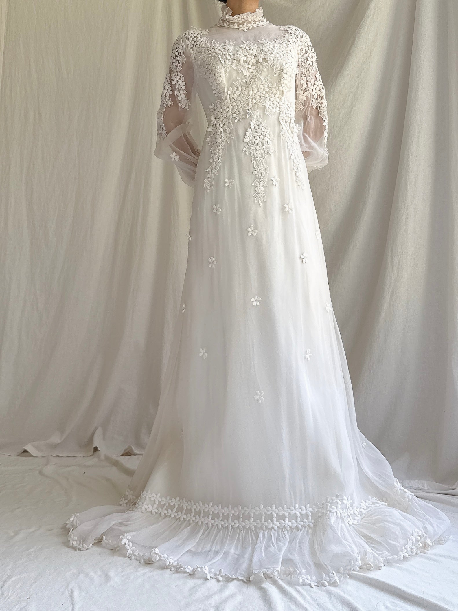 1970s Silk Organza Applique Gown - S