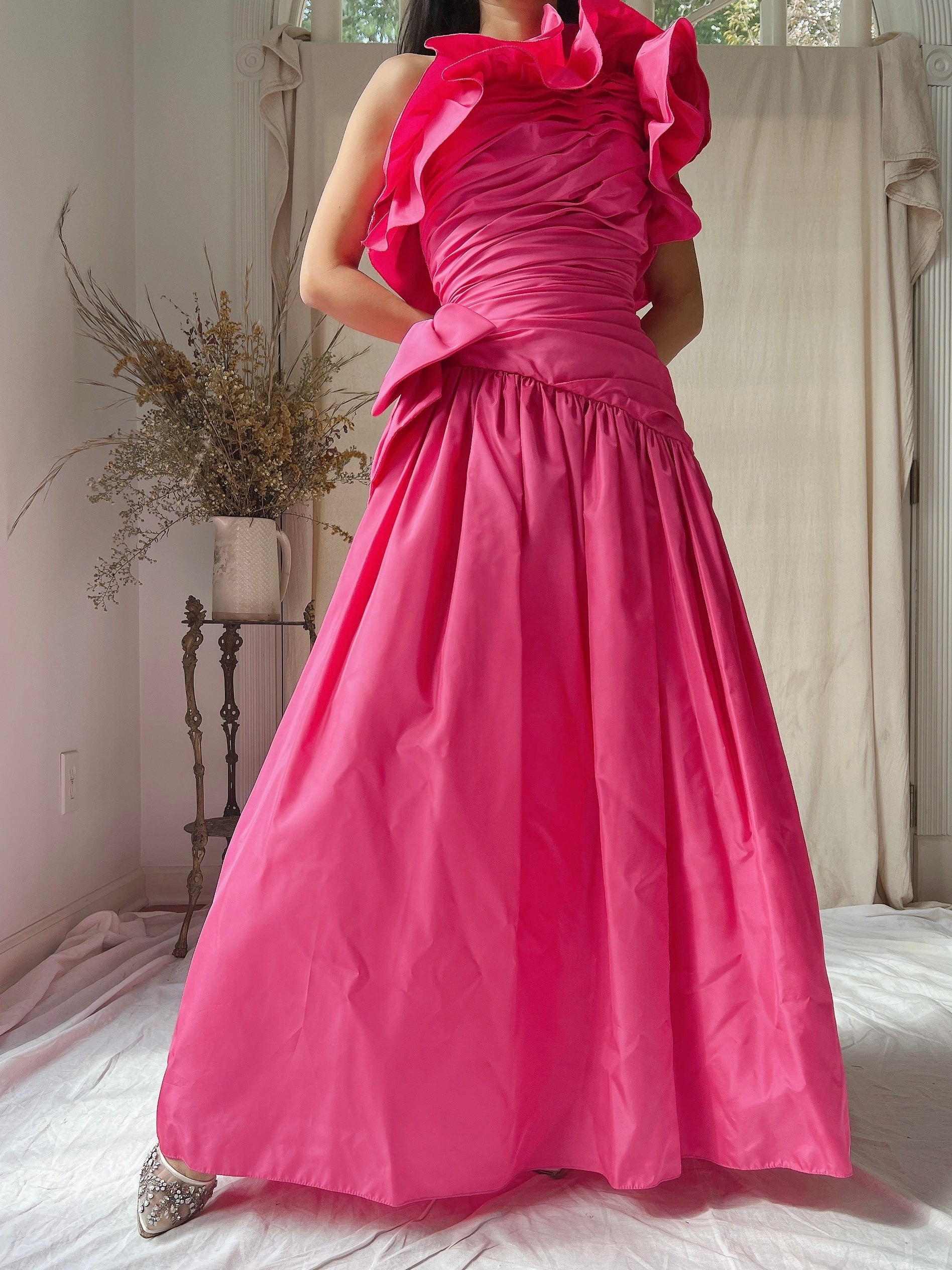 1980s Hot Pink Ruffle Pleated Full Dress - S