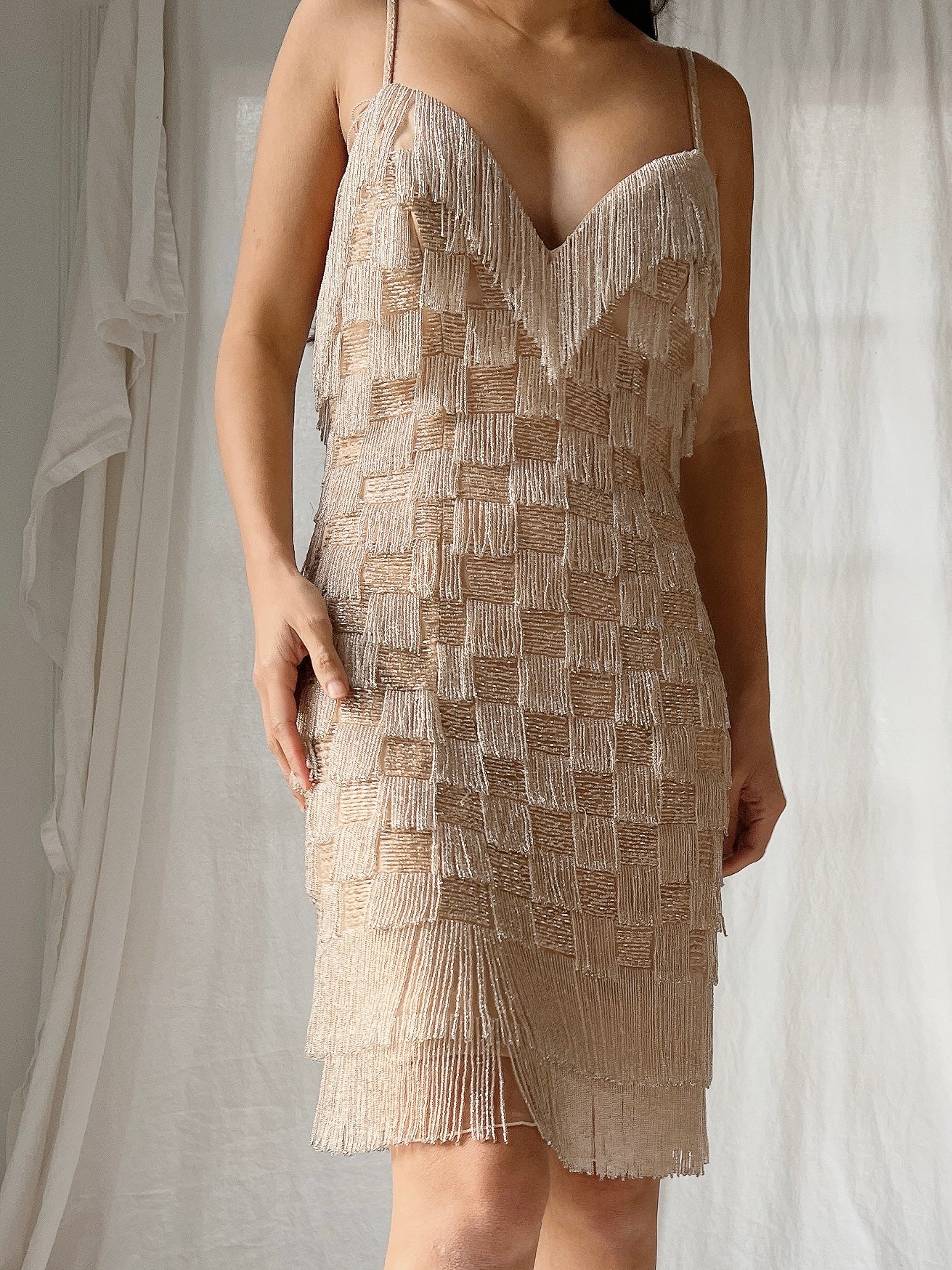 2000s Checkered Beaded Nude Dress - S/4