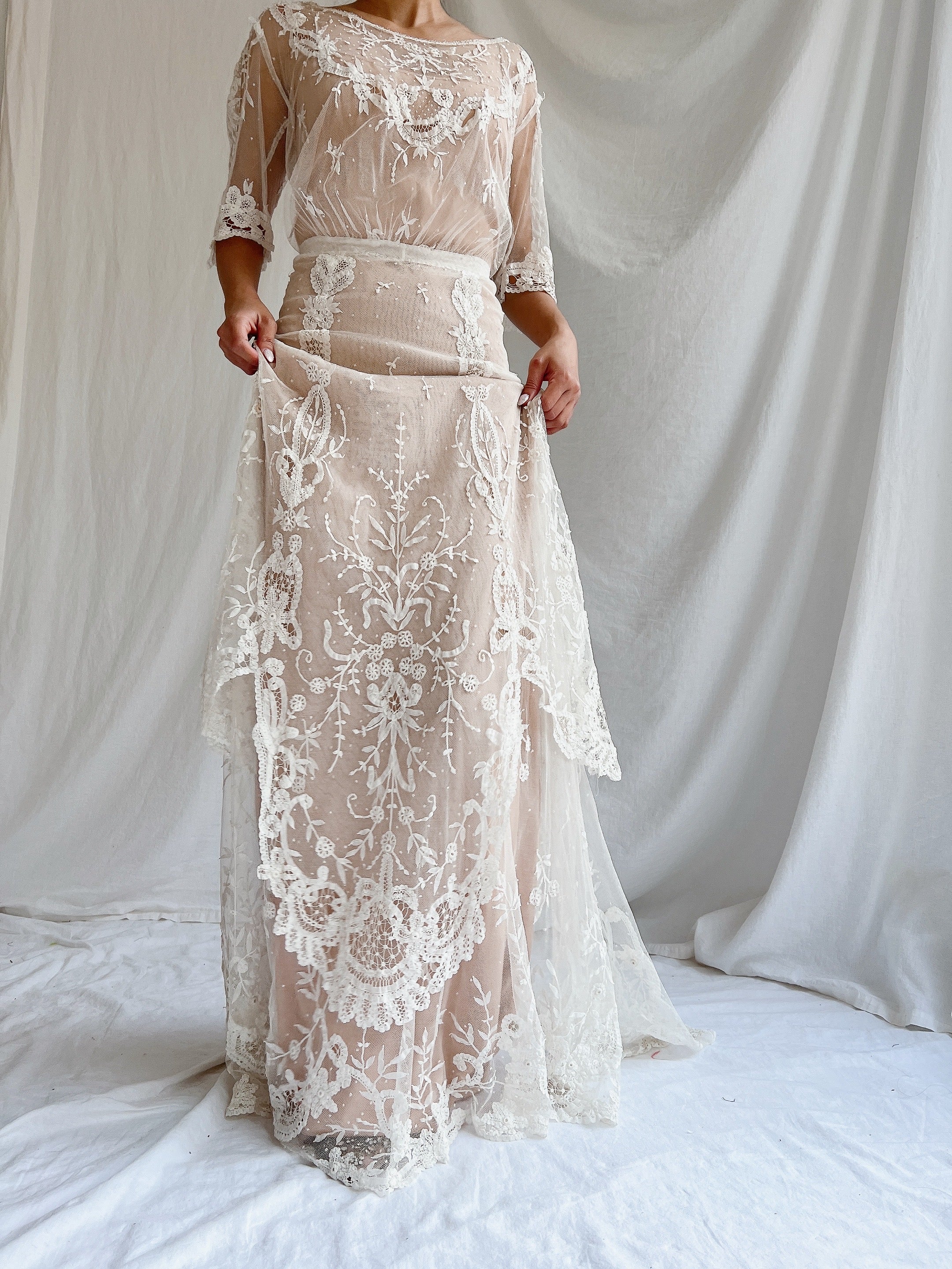 Antique Duchesse Lace Gown with Silk Slip - S