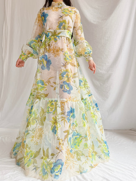 1970s Sheer Voile Puff Sleeves Gown - M | G O S S A M E R