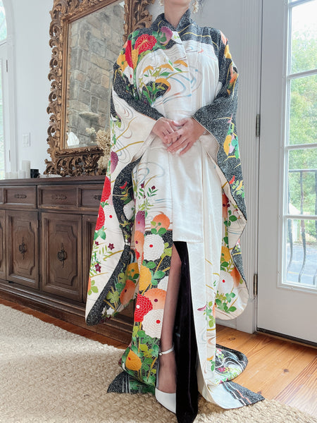 Circa 1920's - 30s Silk Kimono Goshoguruma Fortune Pattern