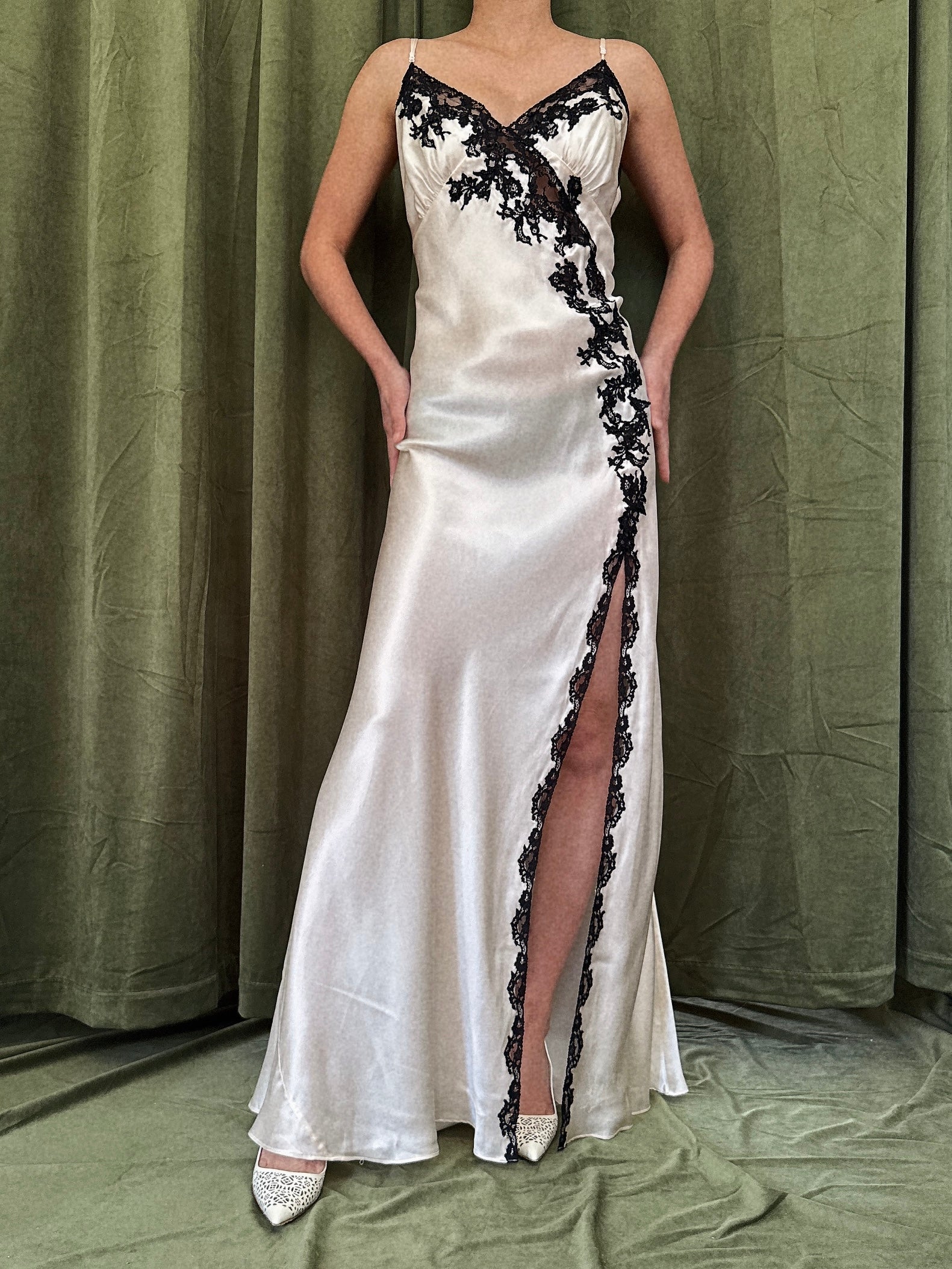 Vintage Silk with Black Lace Slip Dress - M