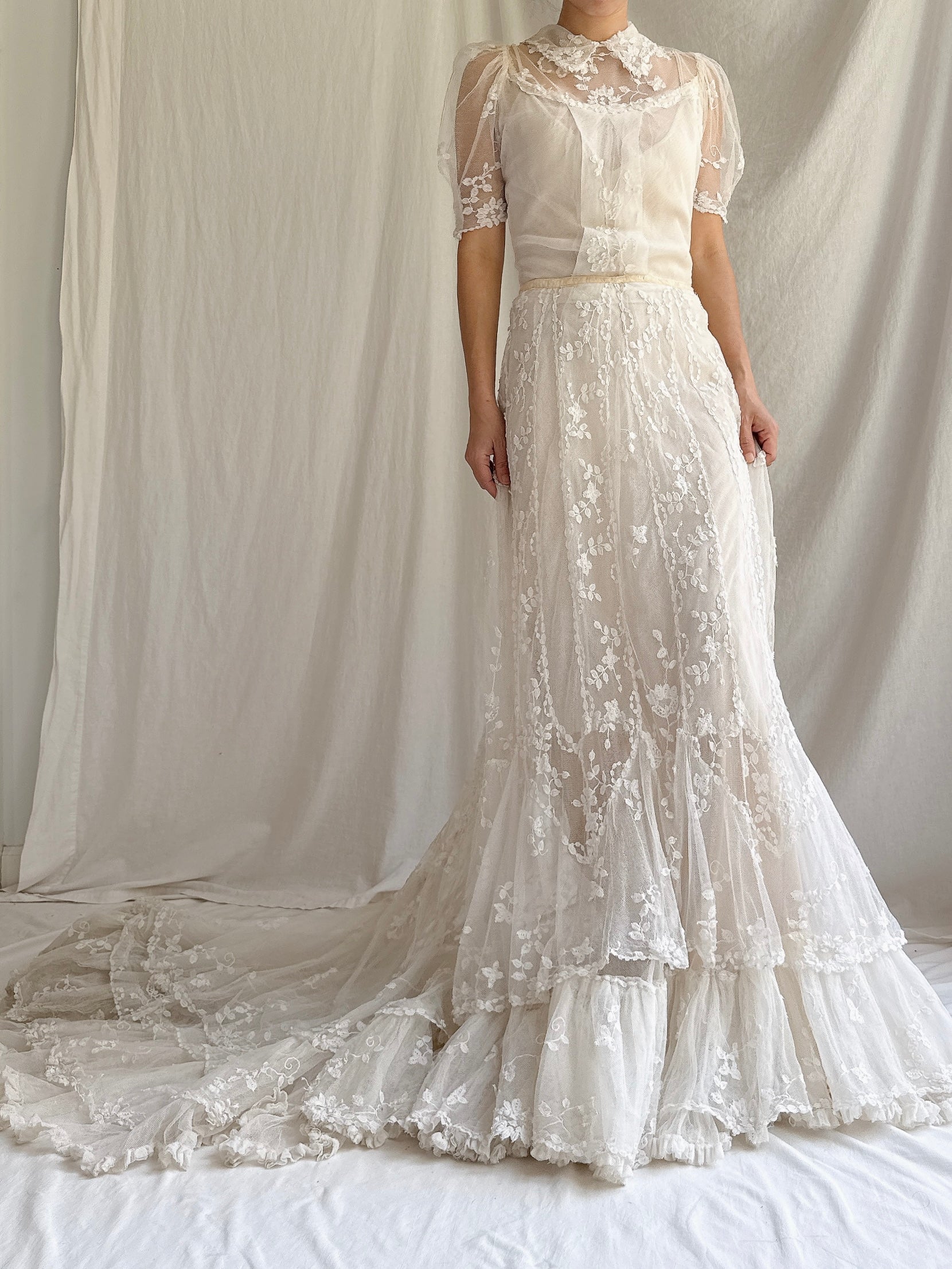 Rare Antique Applique Lace Gown - XS