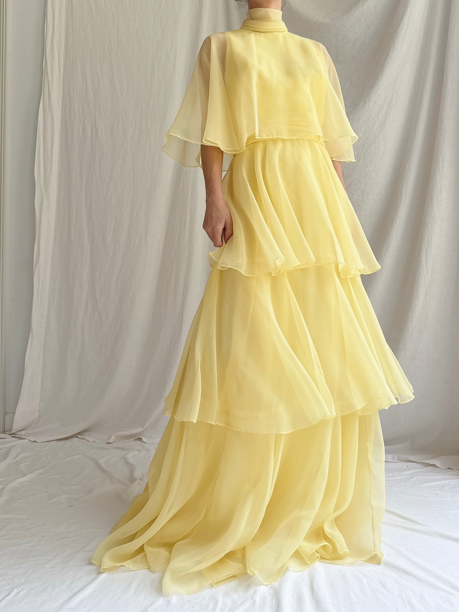 1970s Tiered Chiffon Dress - XS/S
