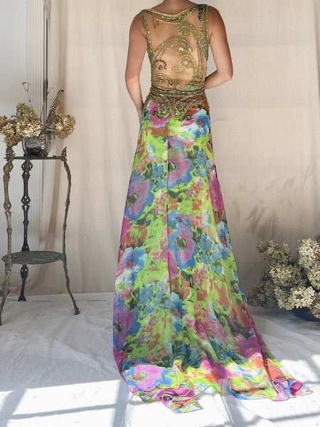 patchwork mesh chiffon dress Vintage Multicolored Chiffon and Mesh Dress - S (US 6)