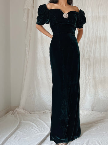 Vintage Teal Velvet Puff Sleeve Dress - XS/S