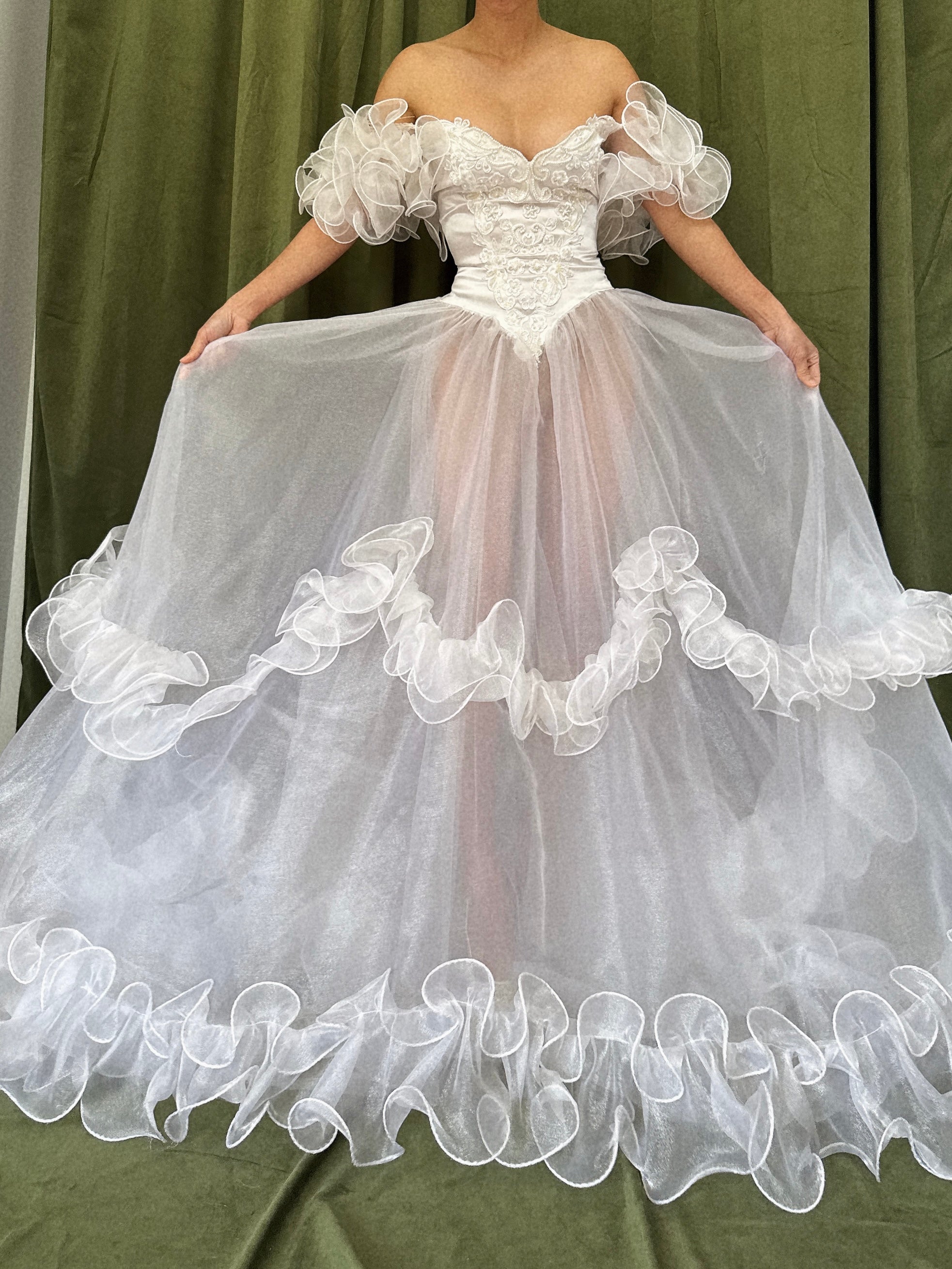 1980s Voile Ruffled Gown - M