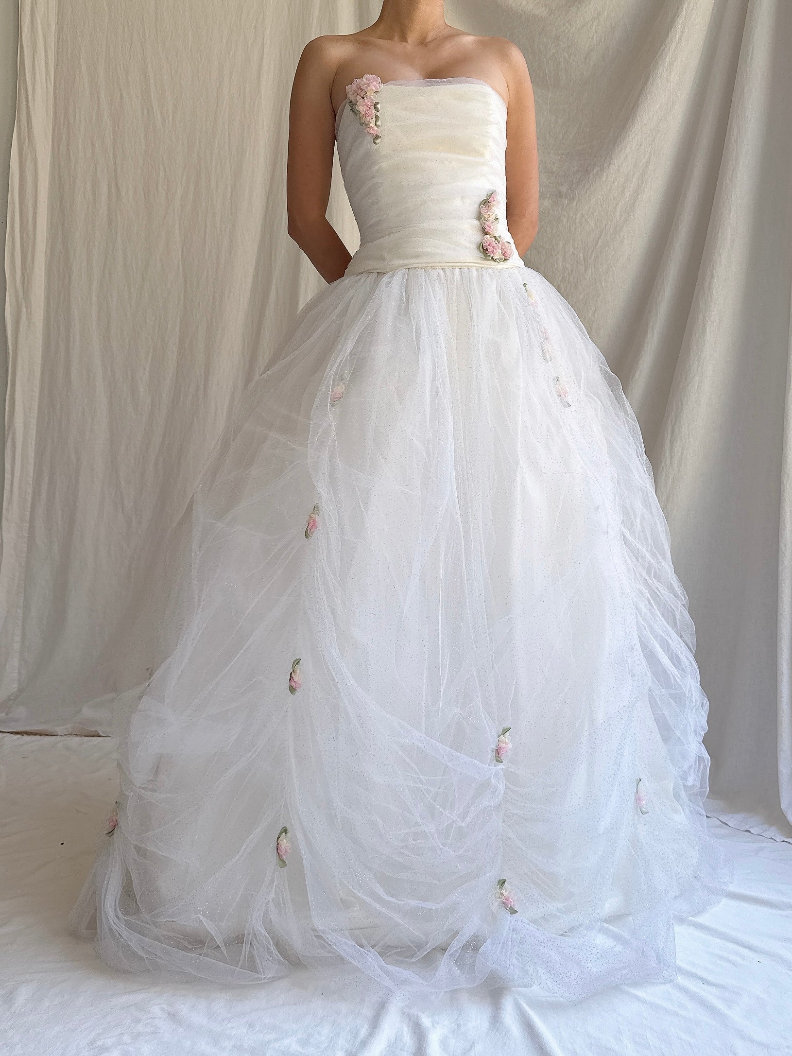 Vintage Strapless Ruche Glimmer Gown - XS