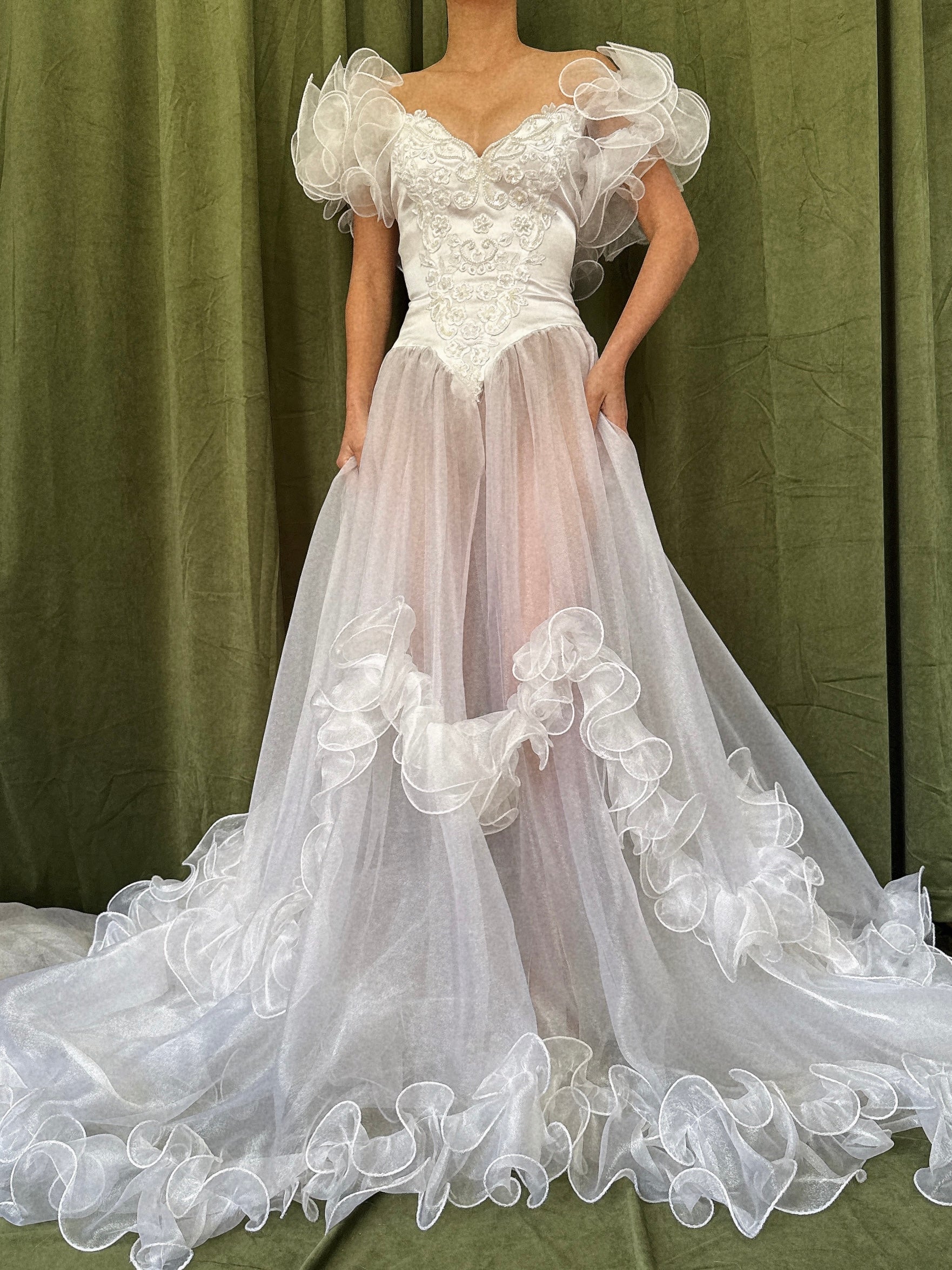 1980s Voile Ruffled Gown - M