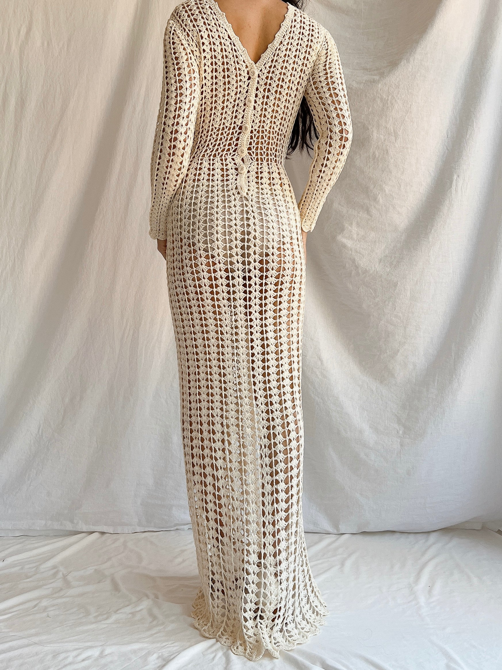 1970s Reversible Crochet Long Sleeve Dress - S