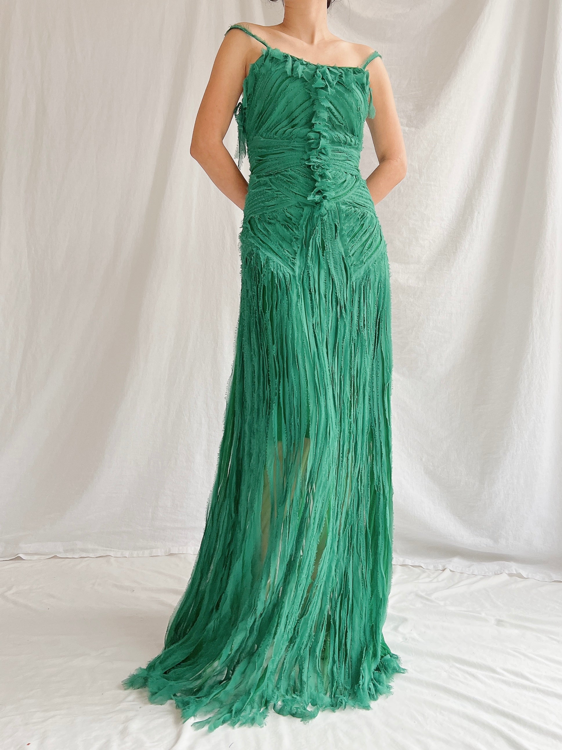 1990s Emerald Silk Fringe Raw Edge Gown - M/L