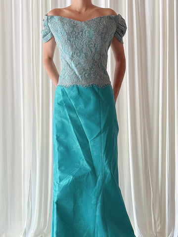 Vintage Angelita Morillo Turquoise Silk 2 Piece Set - Size 42