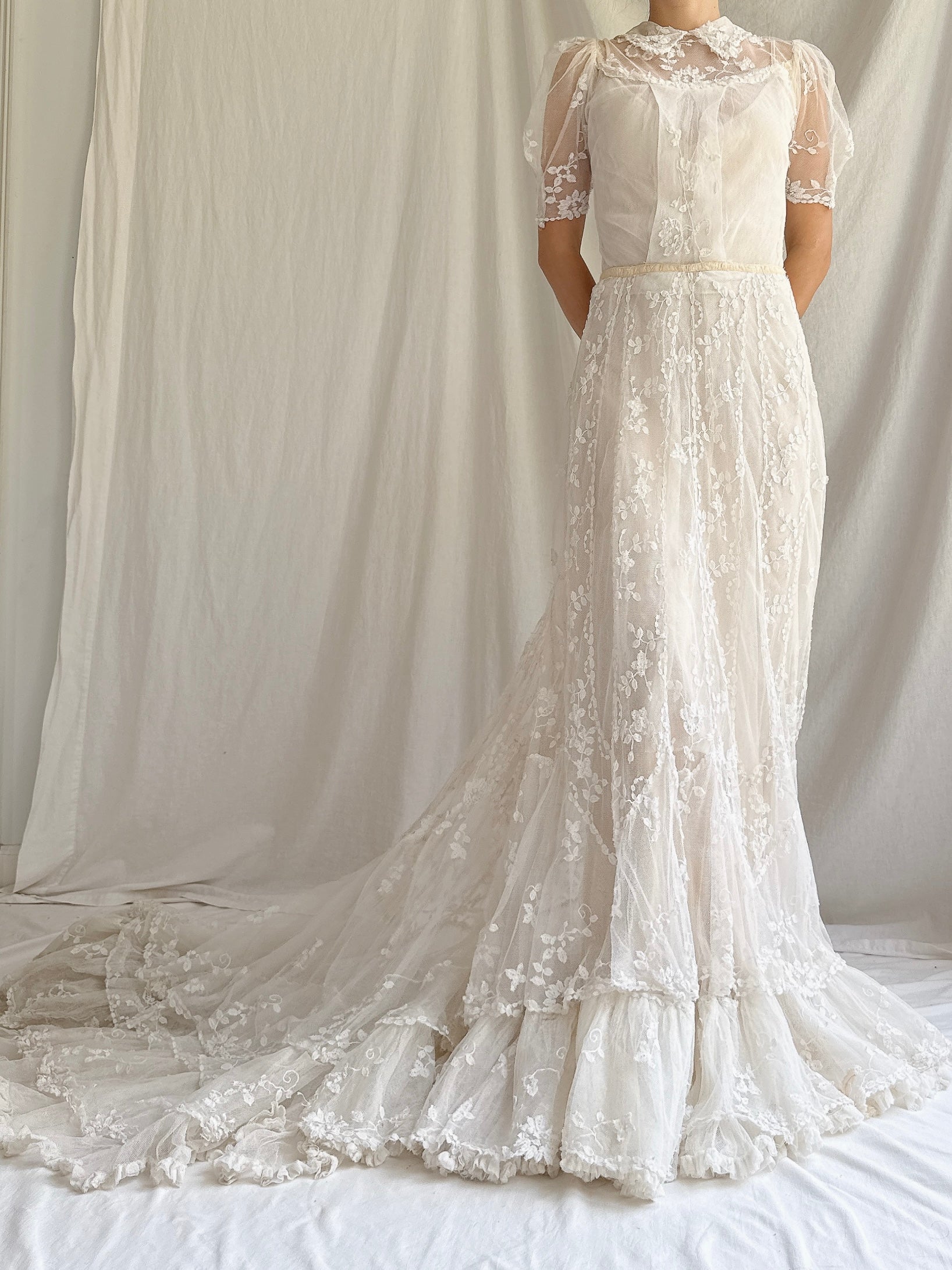 Rare Antique Applique Lace Gown - XS