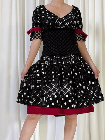 Vintage Bellville Sassoon Black and White Velvet Short Dress - S