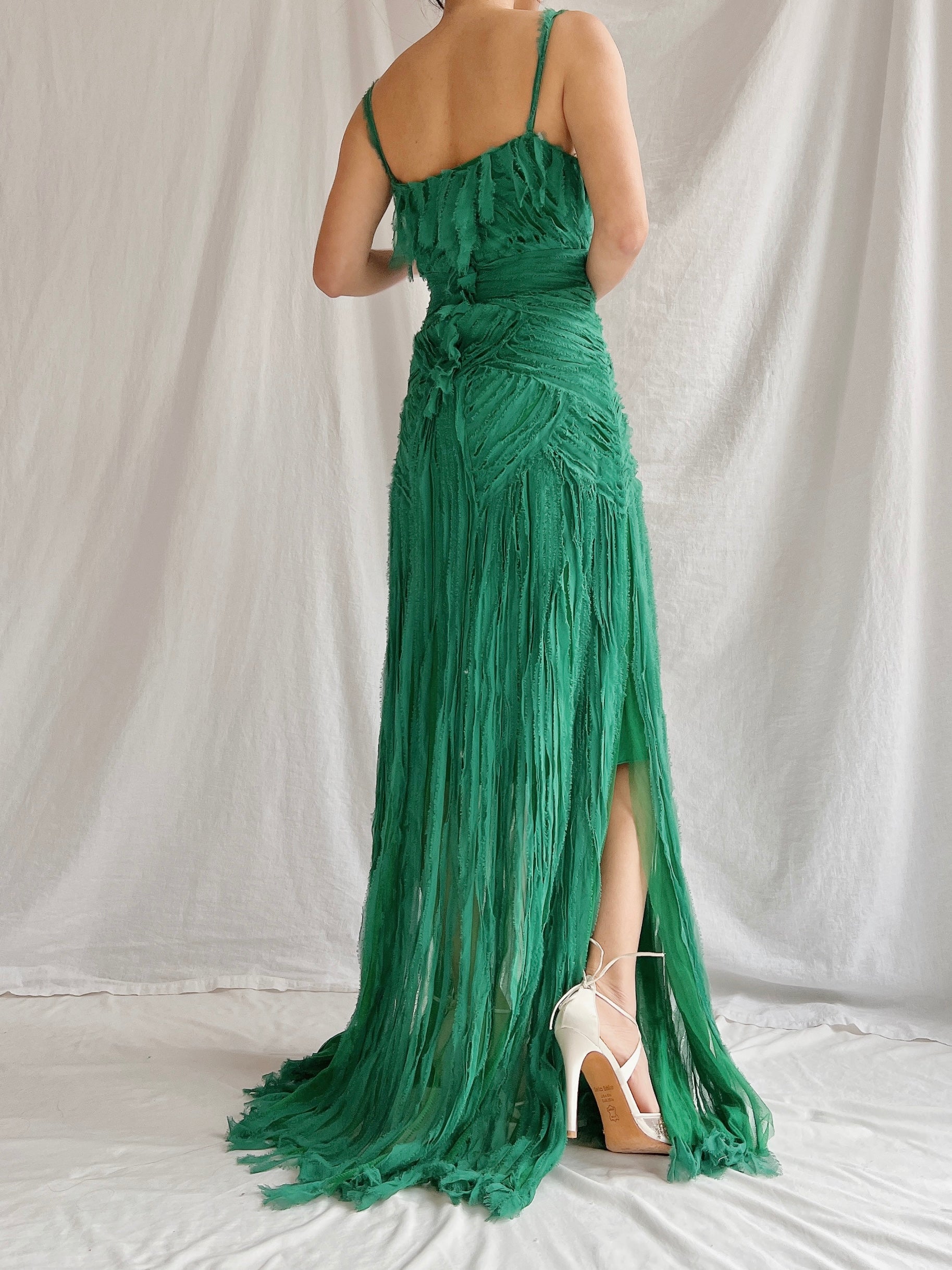 1990s Emerald Silk Fringe Raw Edge Gown - M/L
