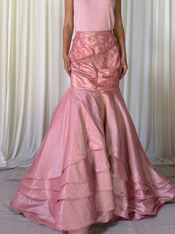Vintage 4. Pink Taffeta Skirt w/Beaded Tassels - L