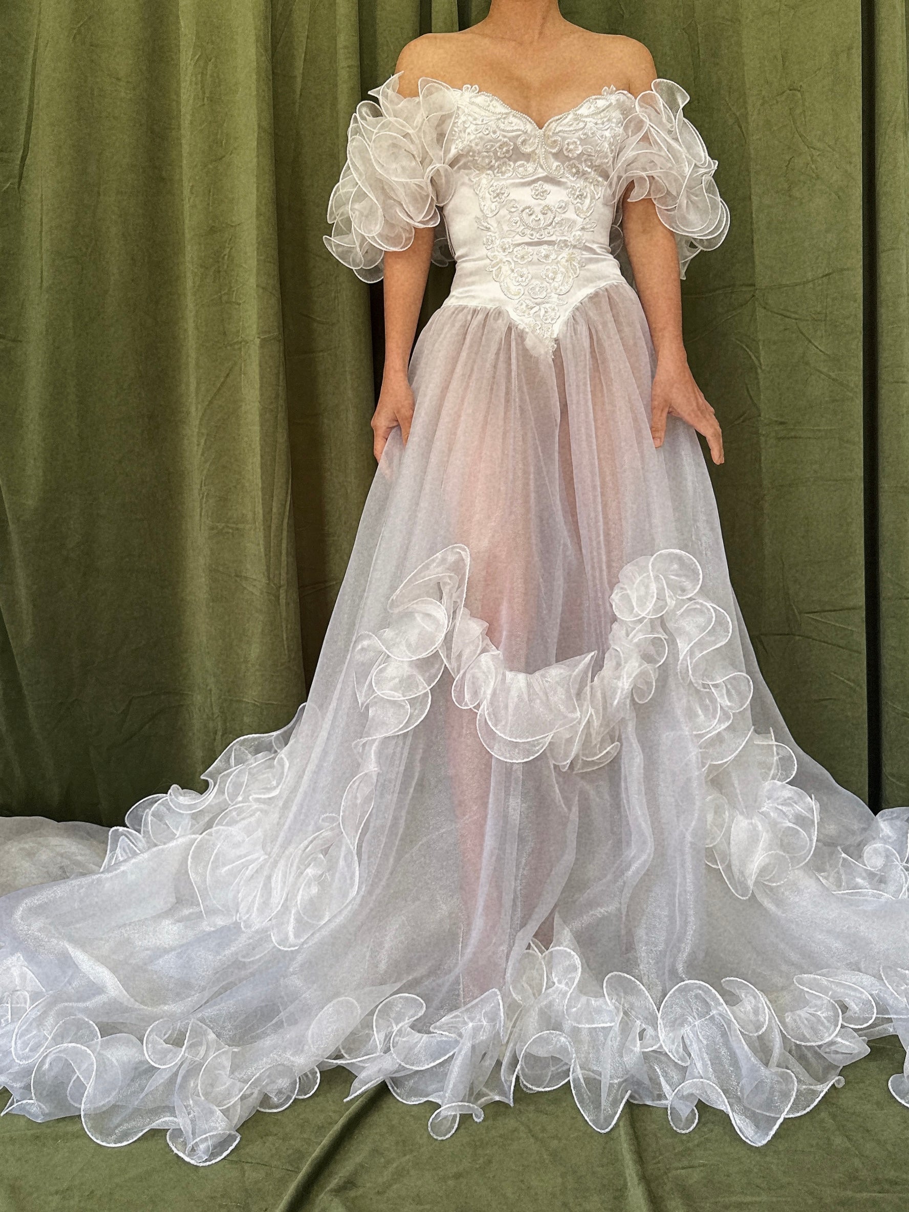1980s Voile Ruffled Gown - M