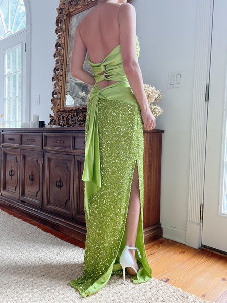 green y2k dress Lime Beaded Gown - S autopostr_pinterest_74767 Single Breasted Sleeve Length(cm) ASOS Design - Modesty Size:7.5 US Men (6.5 UK/AU)