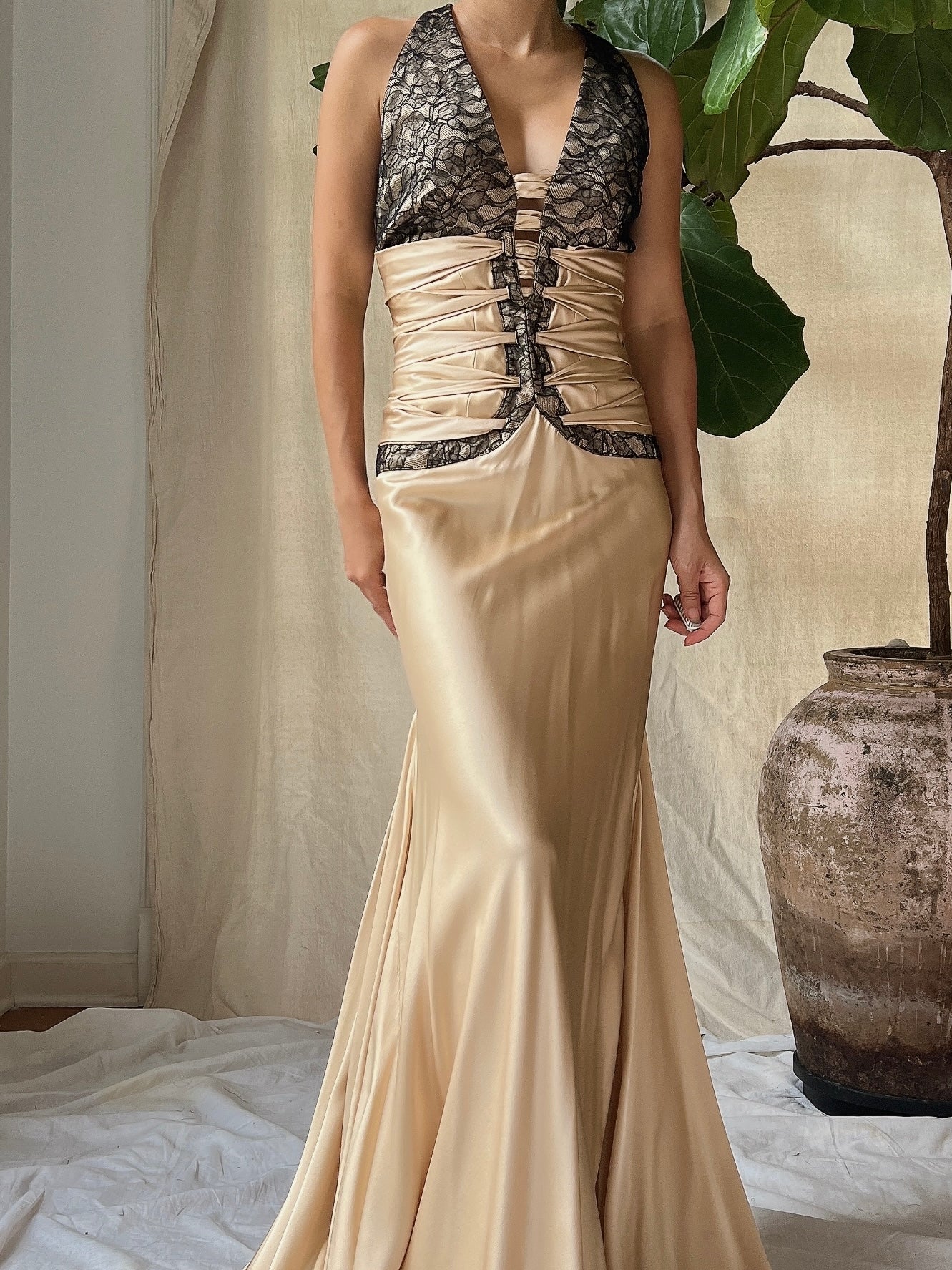 Vintage Silk Ribbon Woven Bodice Gown - M