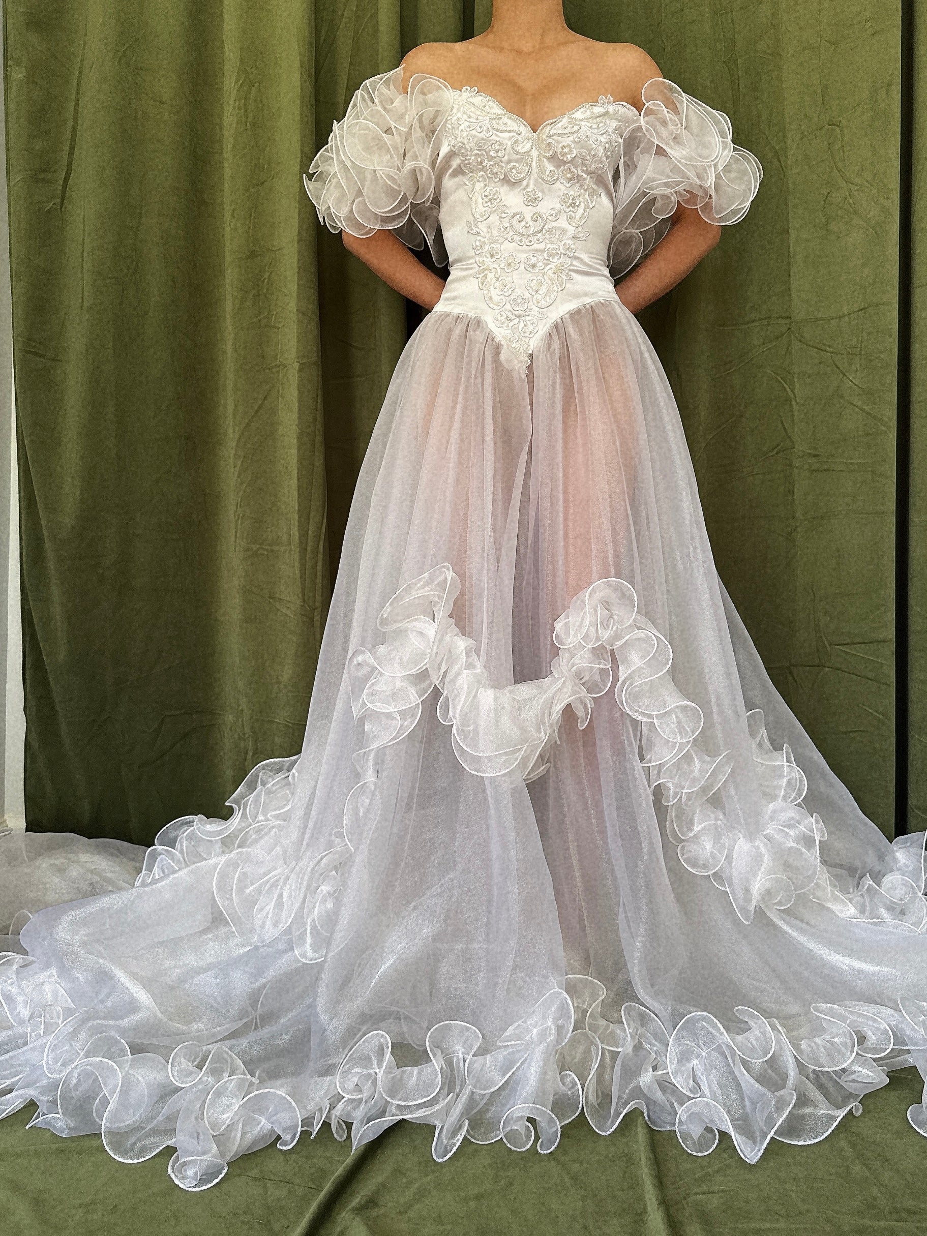 1980s Voile Ruffled Gown - M