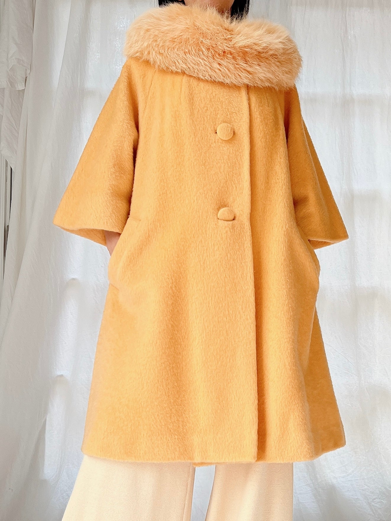 1960s Rare Marigold Wool Fox Fur Collar Coat - M