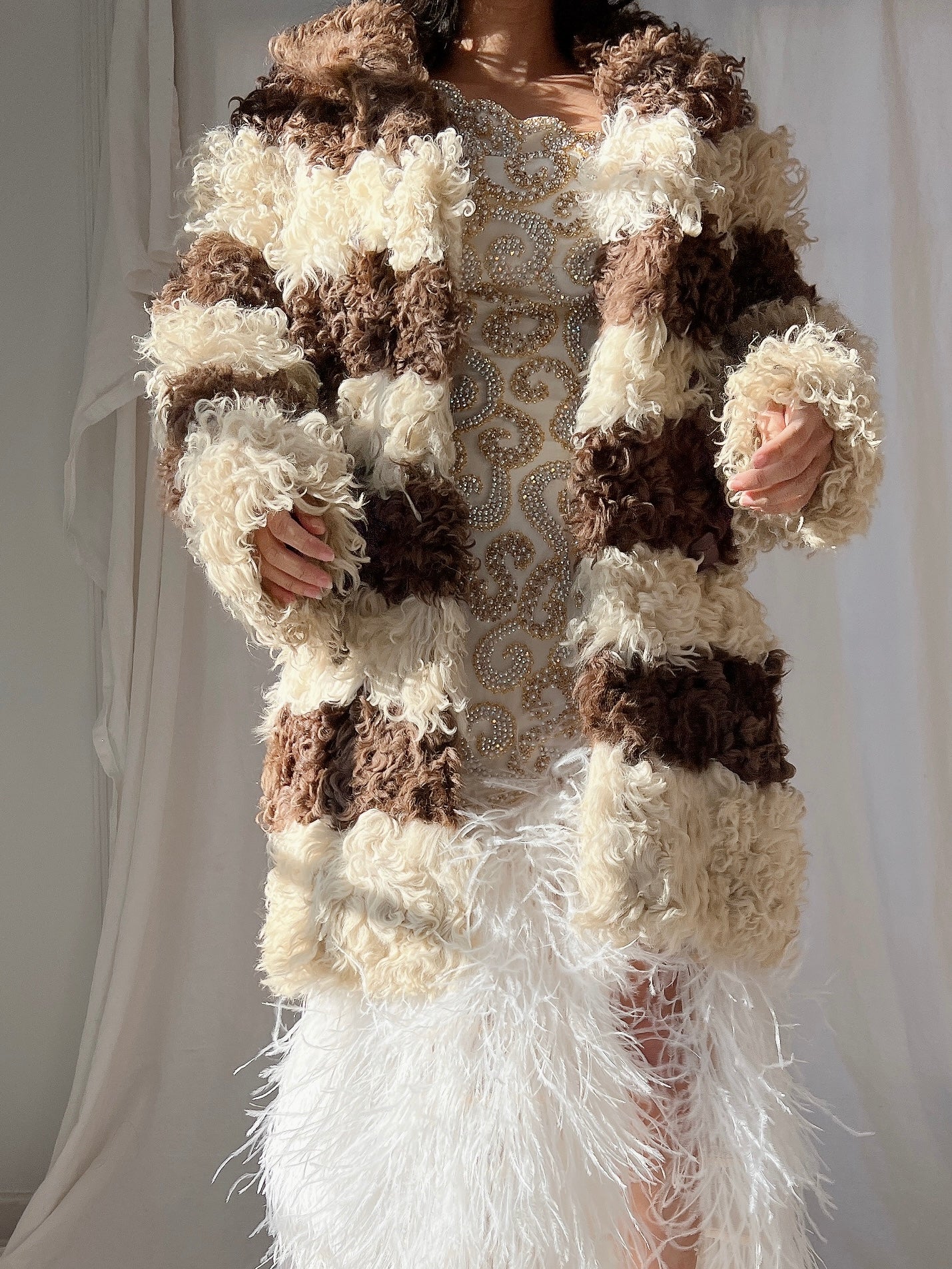 Vintage Curly Sheep Brown and Cream Coat - M