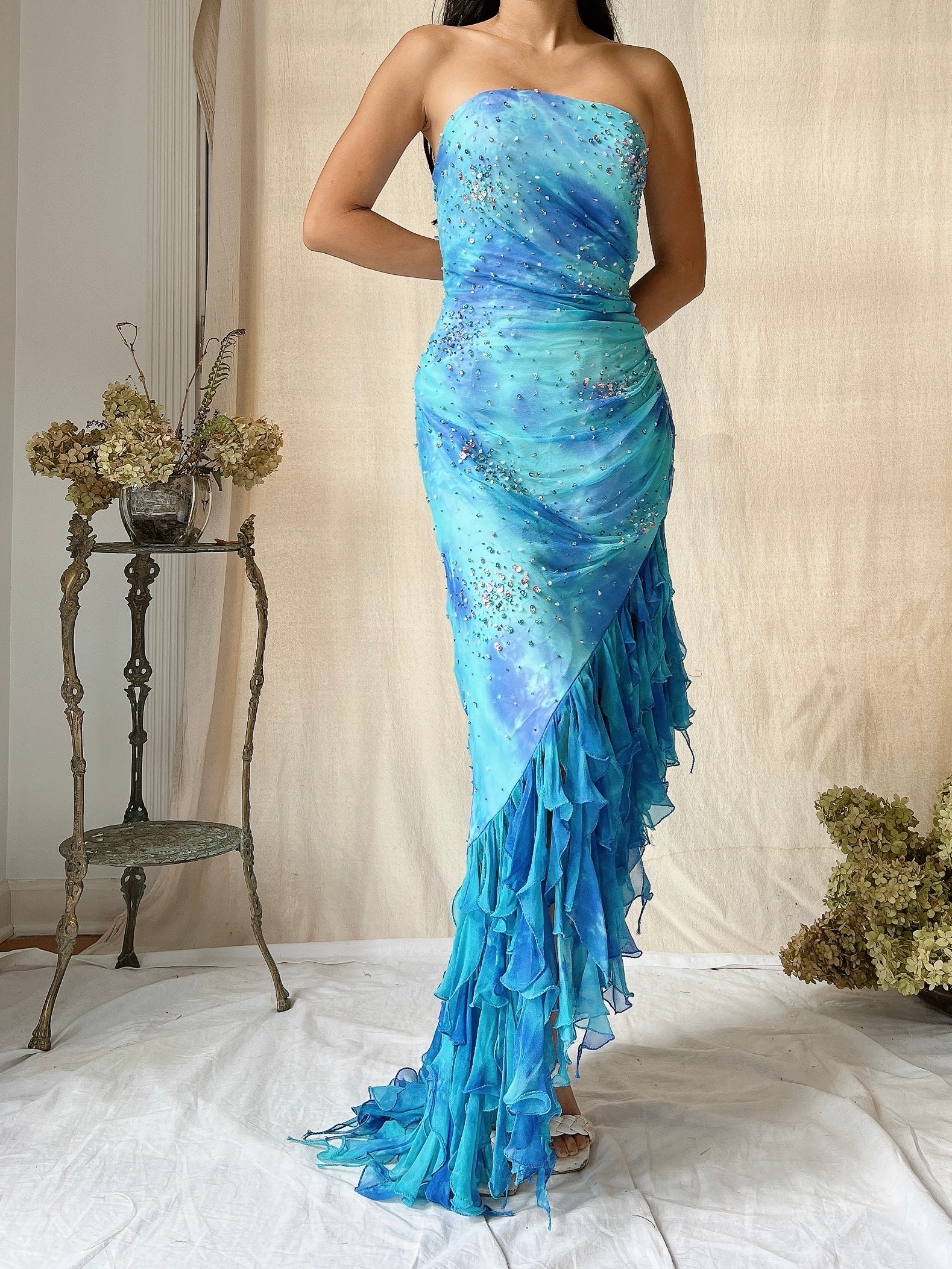 Y2K Silk Abstract Tassel Dress - XS