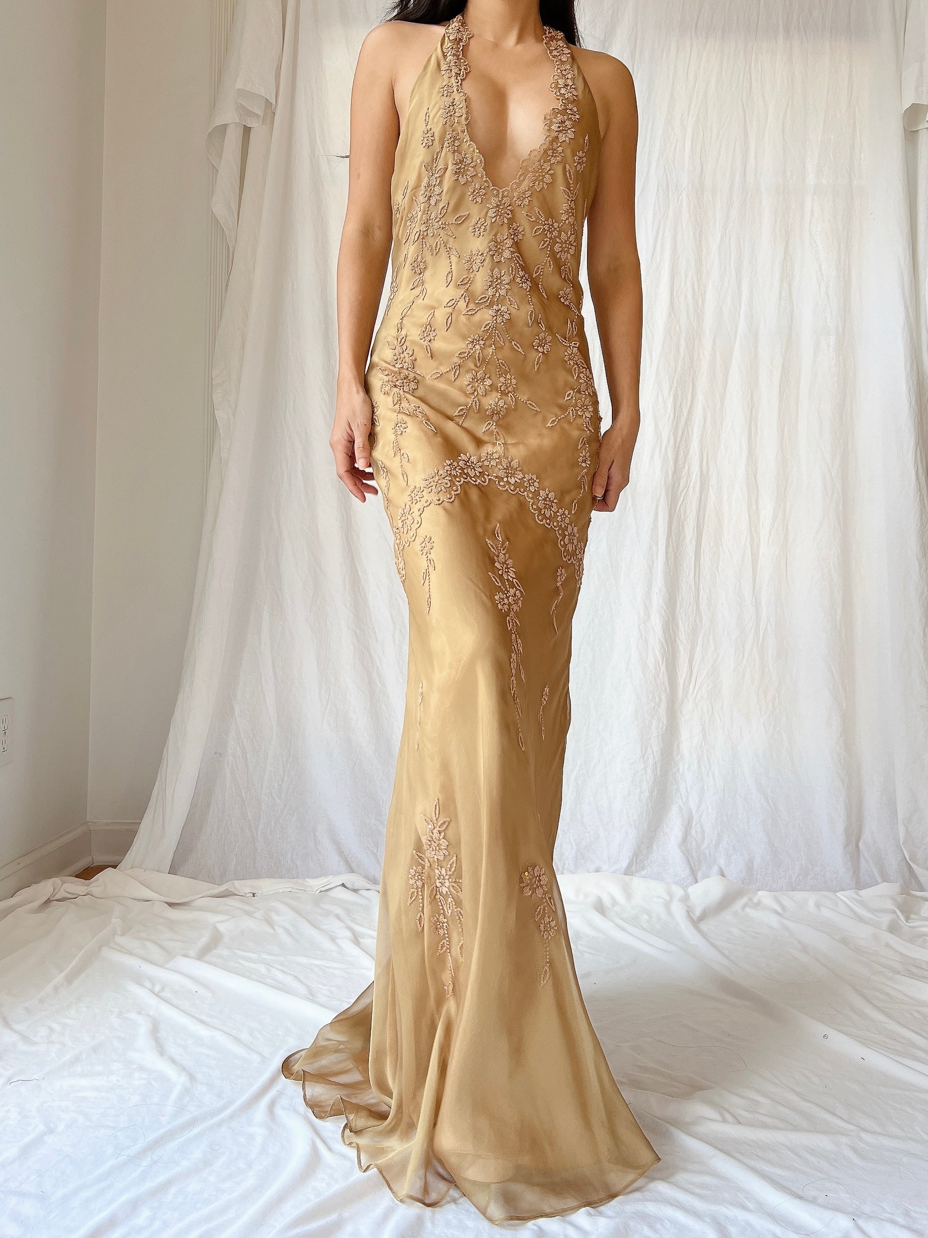 Vintage Gold Chiffon Dress - SM