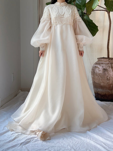 High Neck Floral Embroidered Puff Sleeve Gown