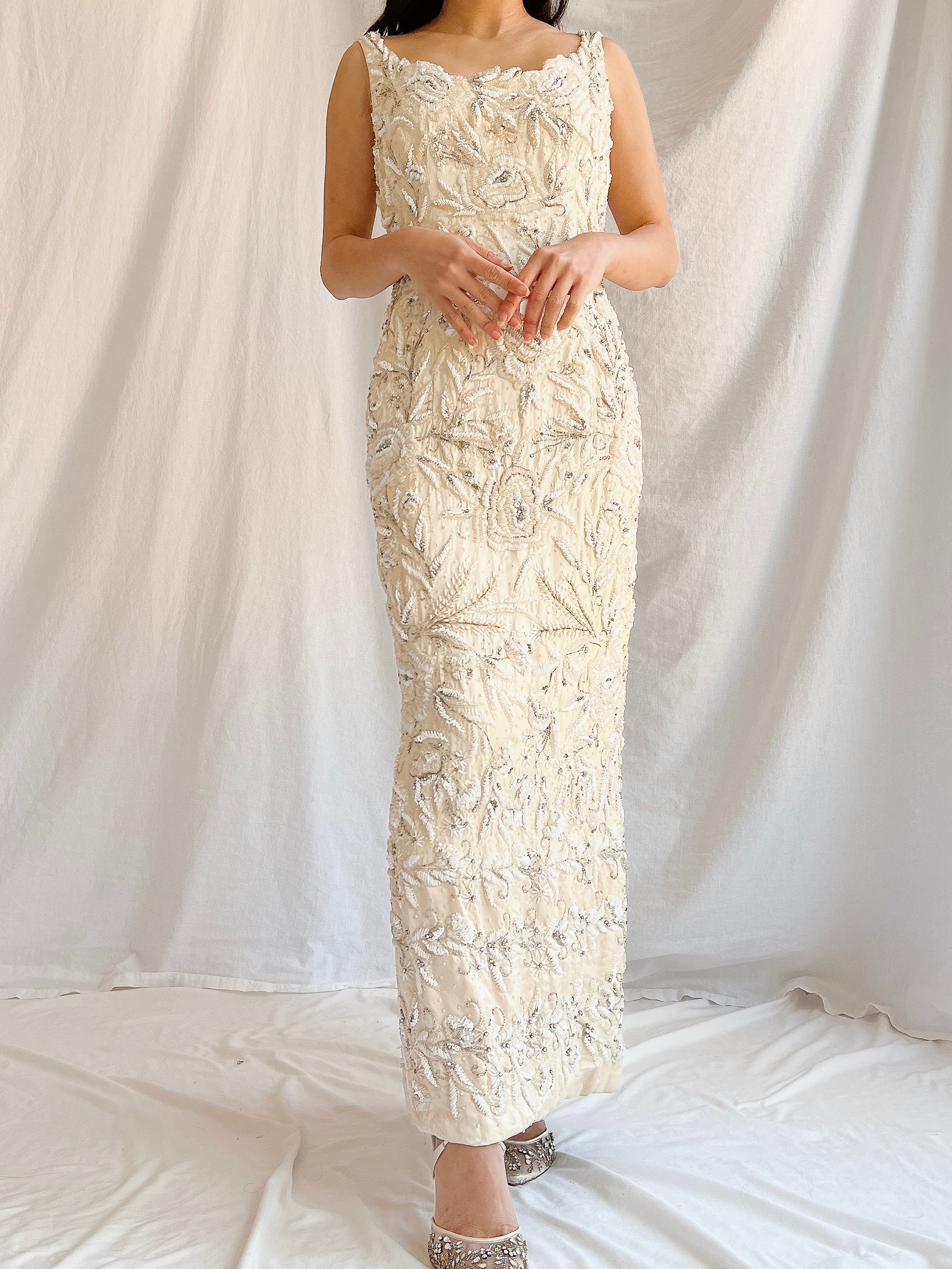 1960s Hand Beaded Ivory Dress - S/M