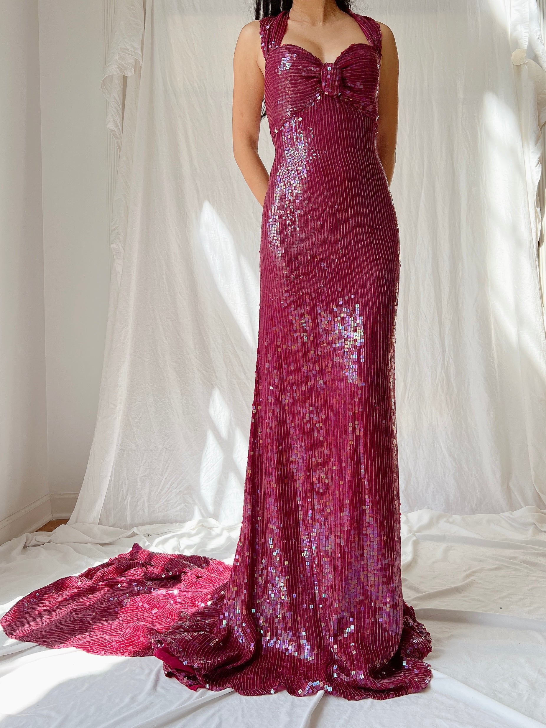 Vintage Ruby Silk Sequins Gown - L/US 12