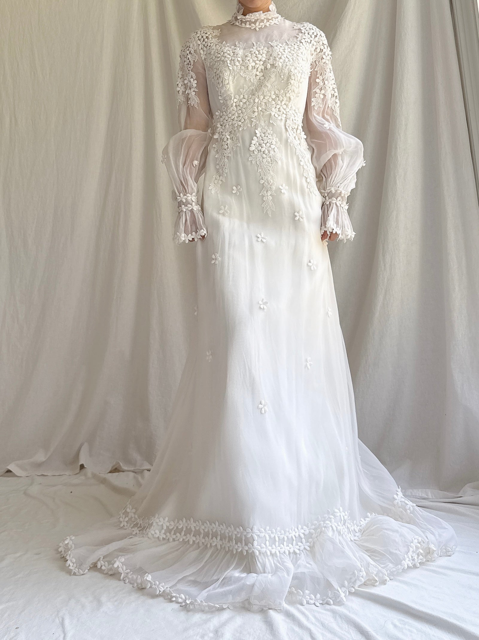 1970s Silk Organza Applique Gown - S