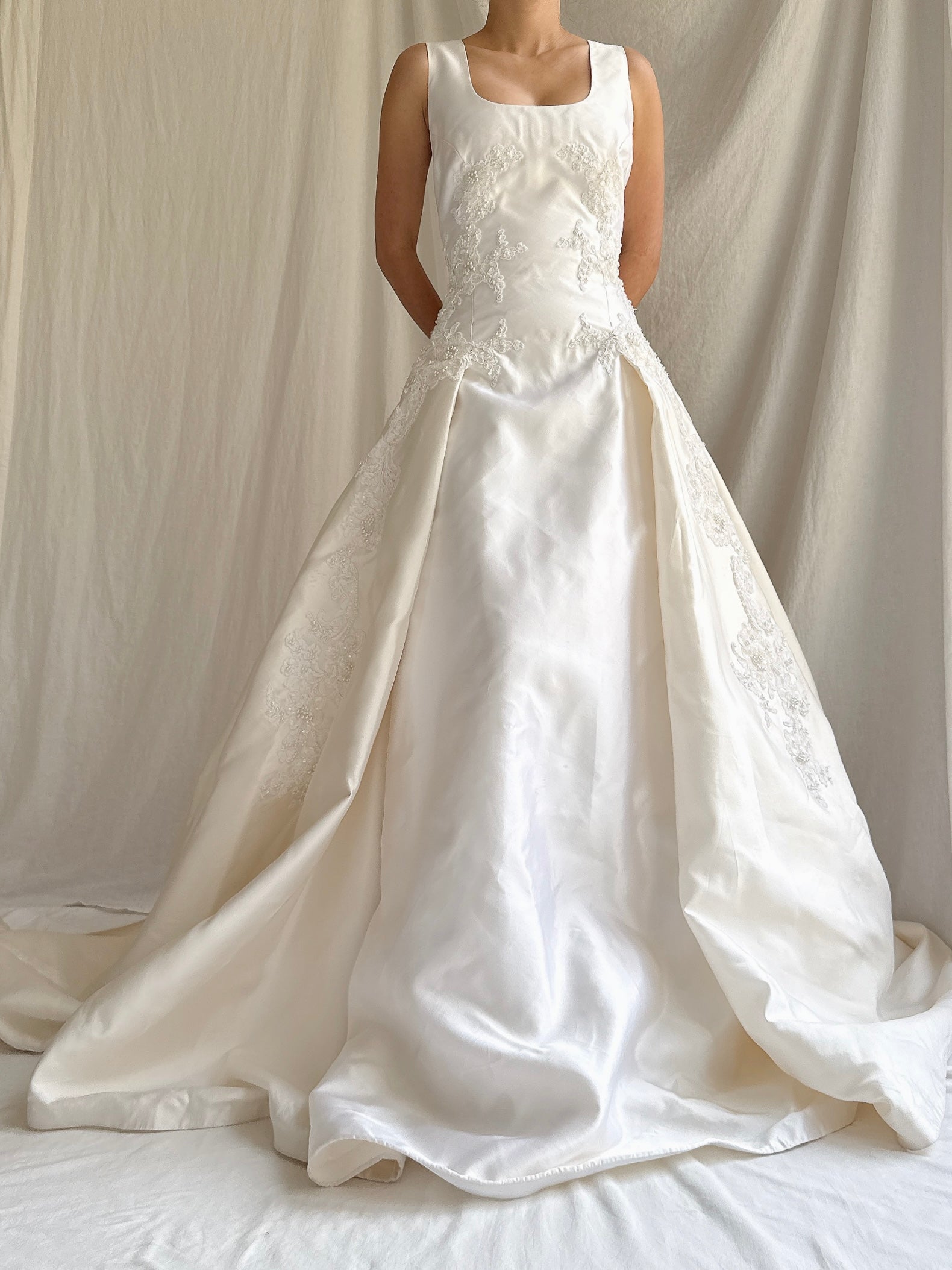 Vintage Raw Silk & Lace Beaded Gown - S