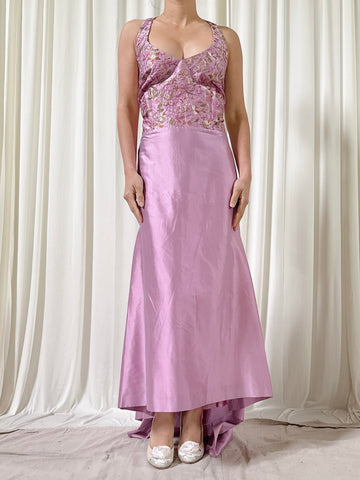 Vintage Silk Lavender Embroidered Dress - Size 44