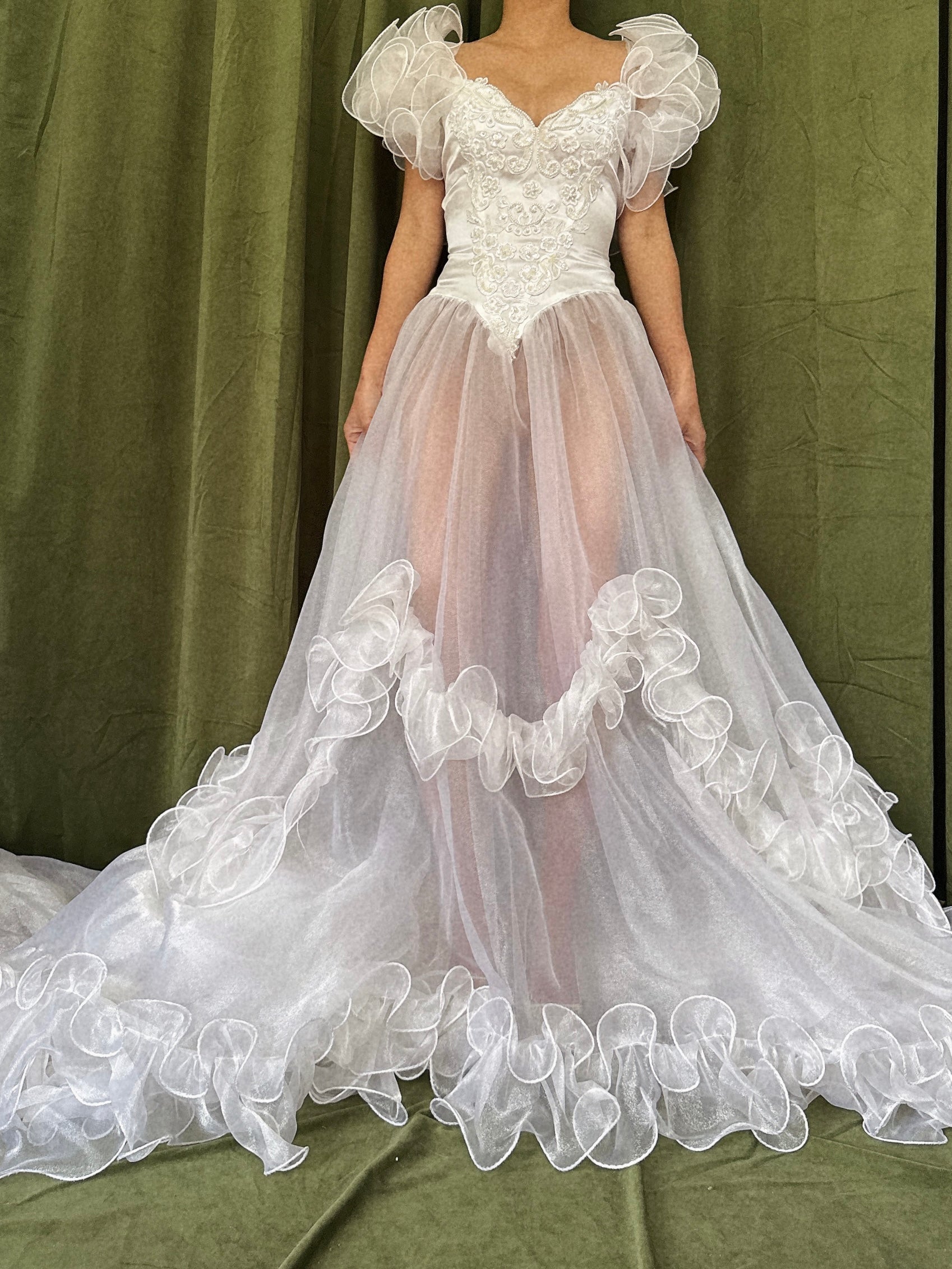1980s Voile Ruffled Gown - M