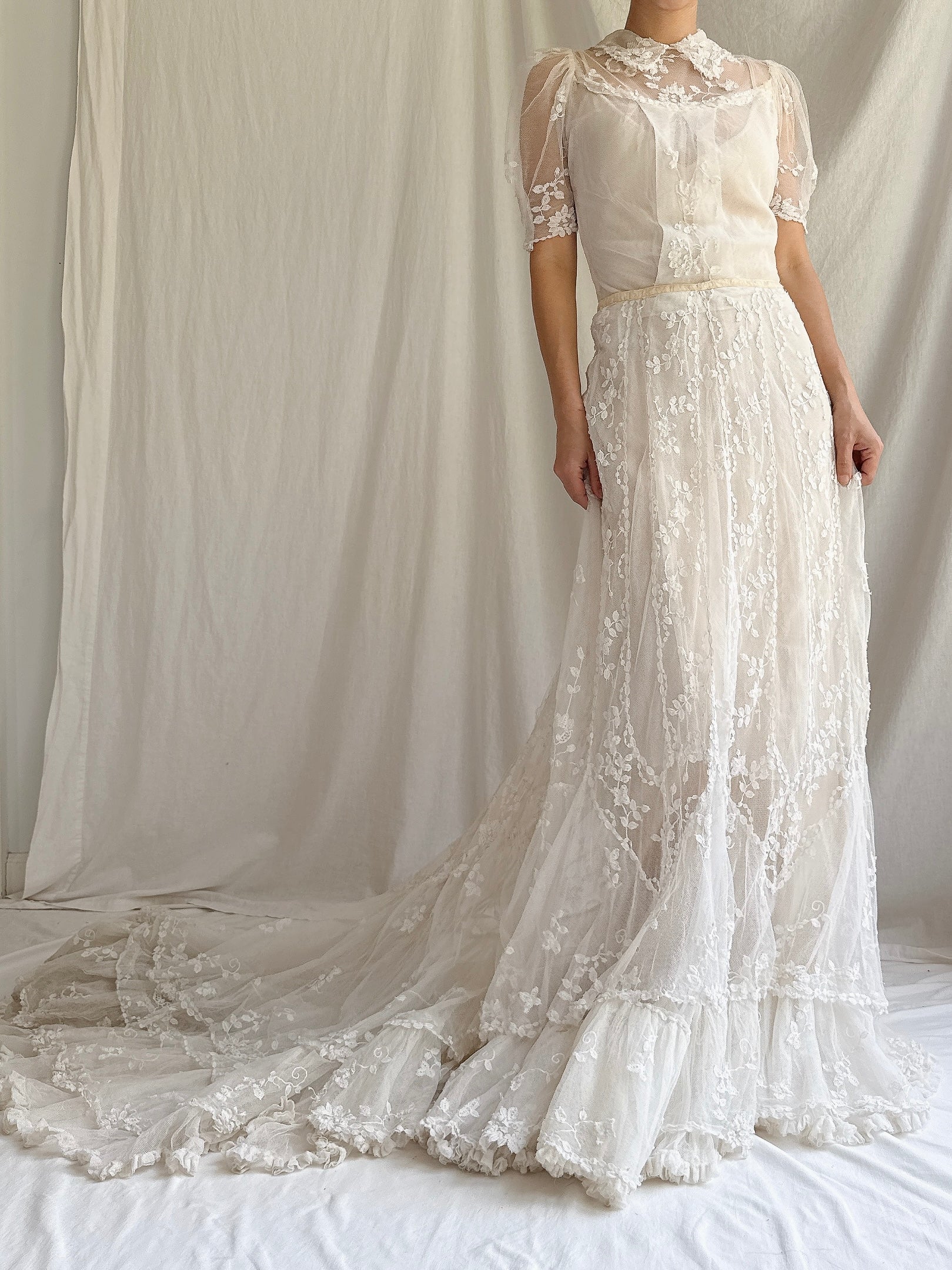 Rare Antique Applique Lace Gown - XS