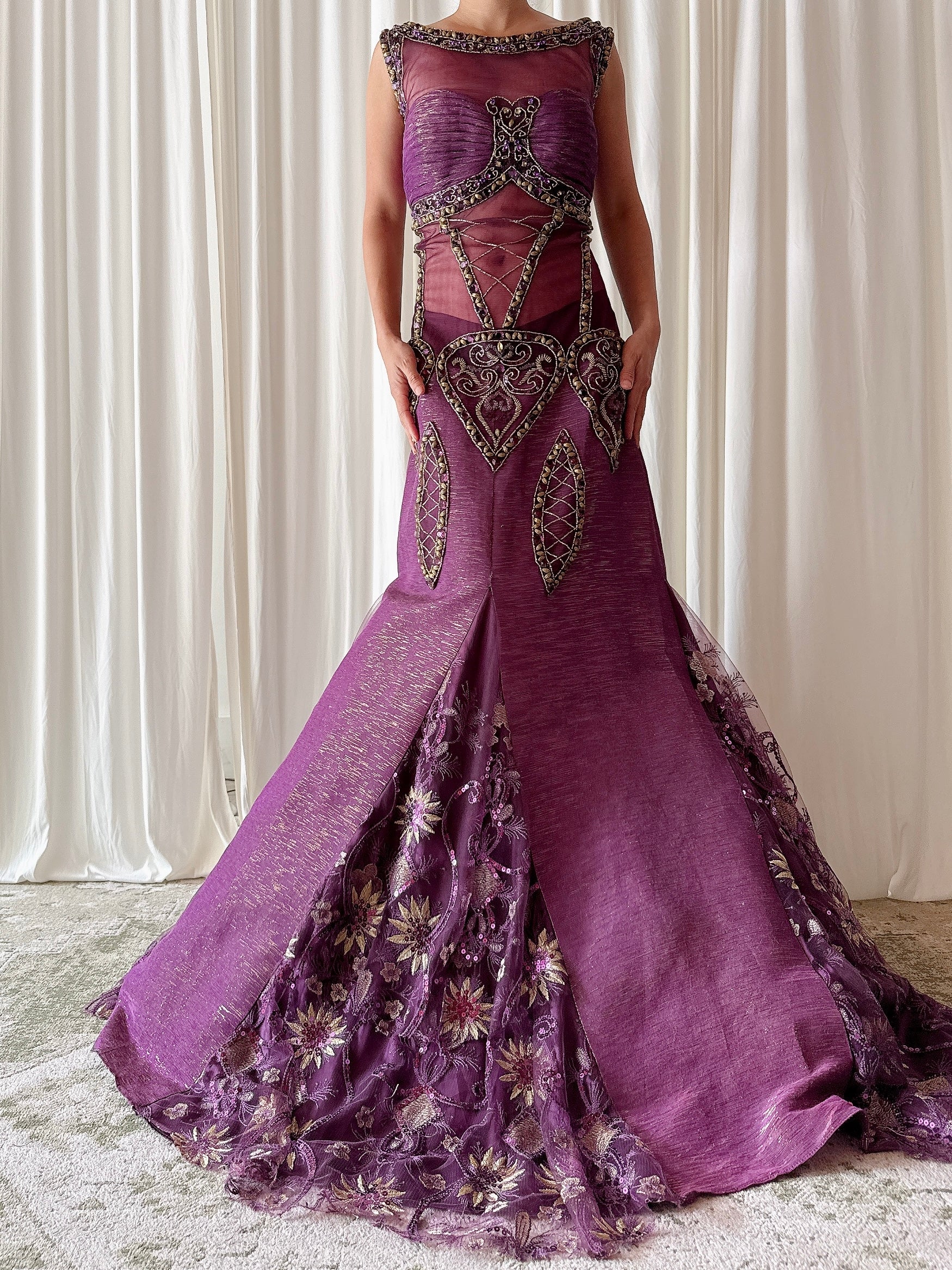 Vintage Charbel Nader Purple Beaded Dress - Size 18