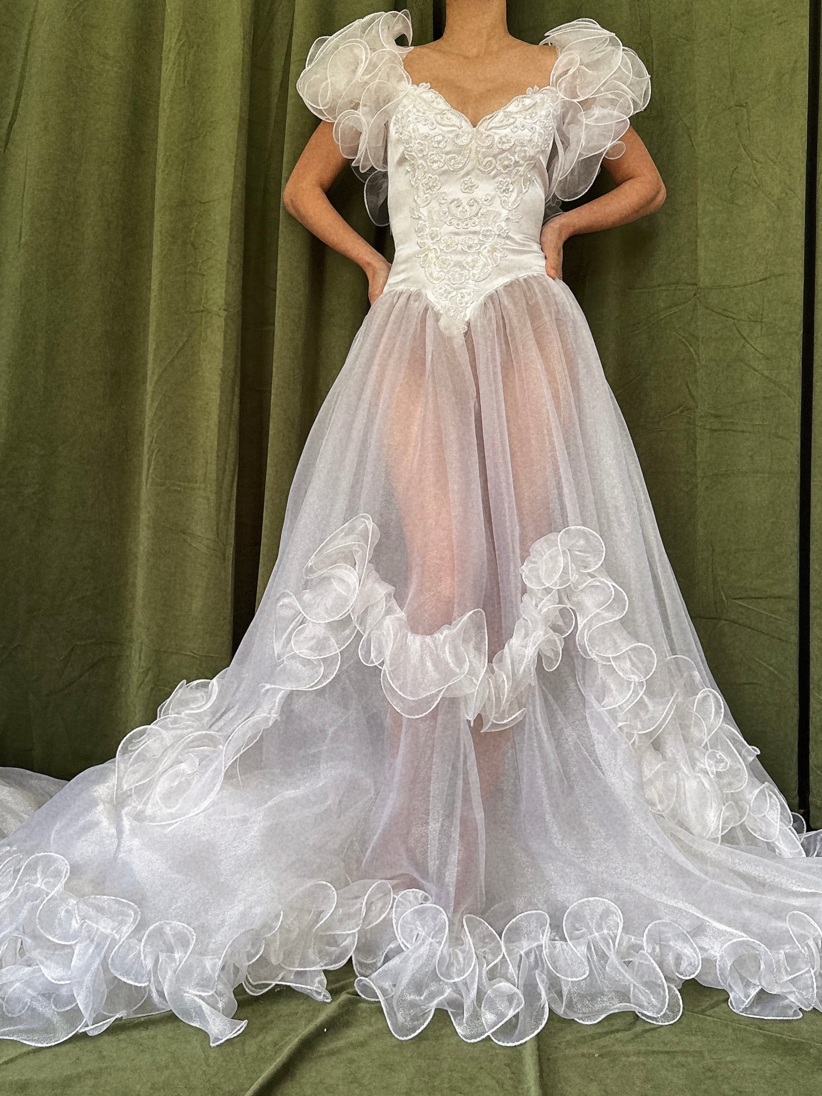 1980s Voile Ruffled Gown - M