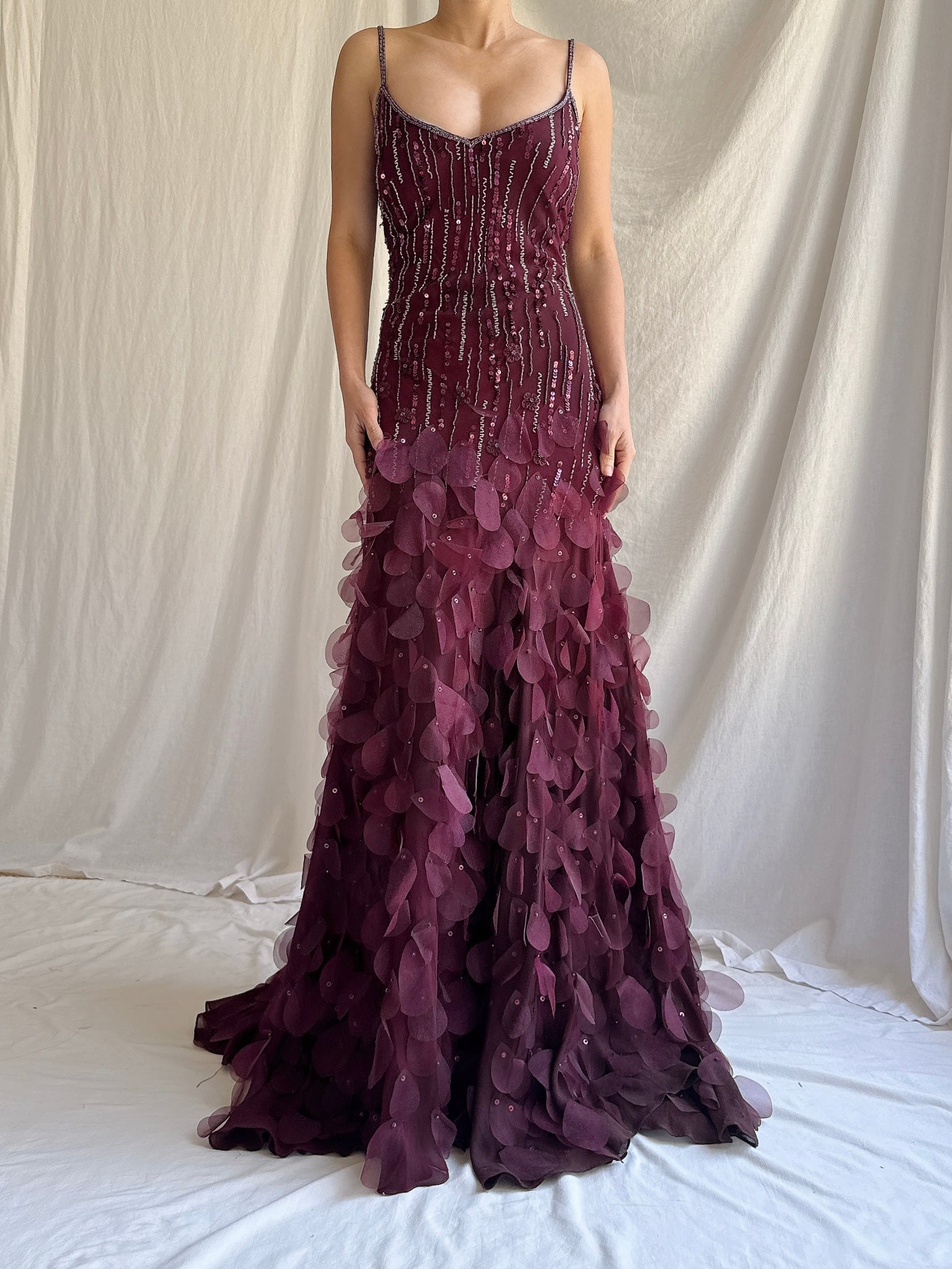 Vintage Burgundy Petal Gown - M