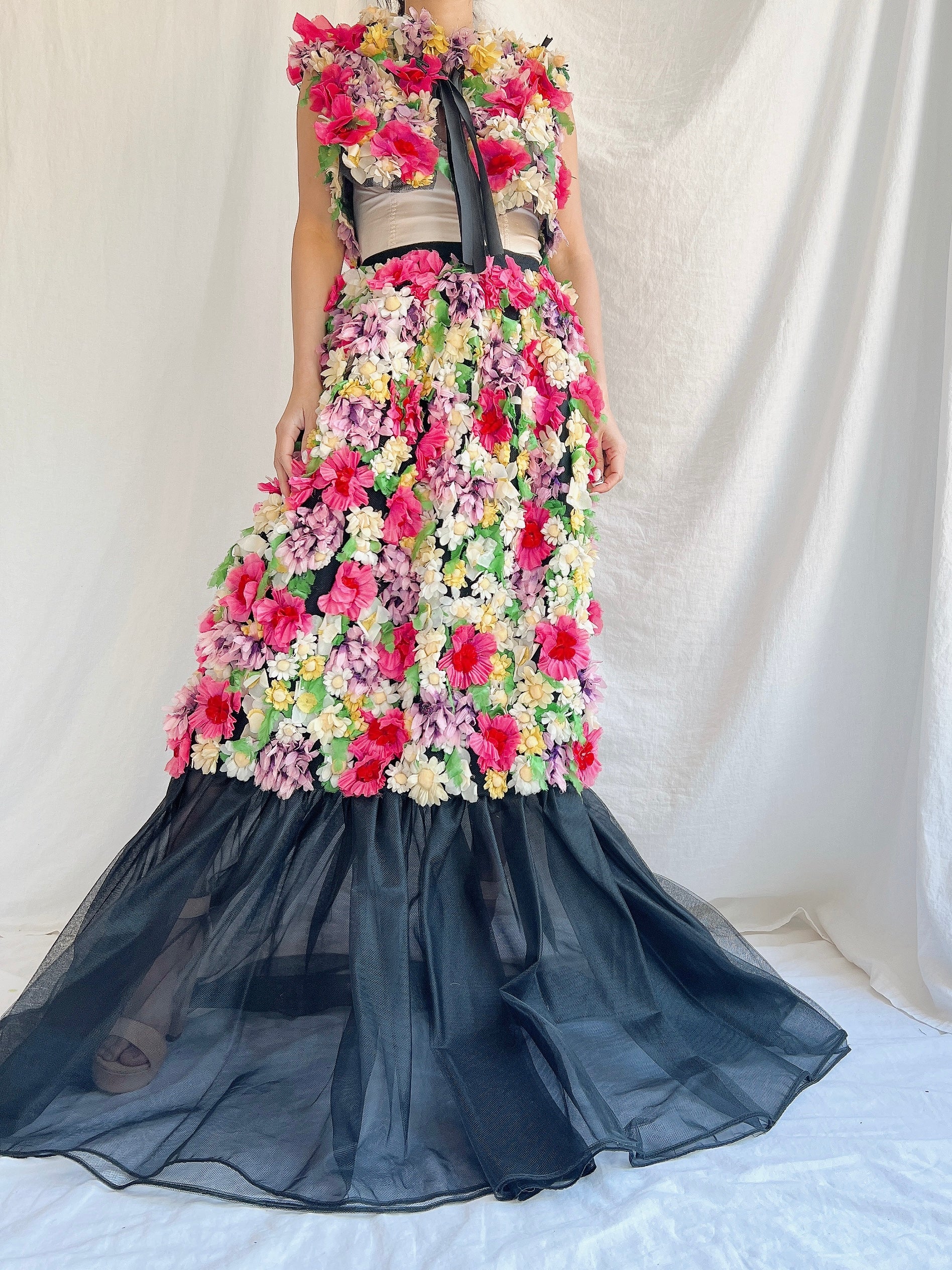 Vintage Adolfo Silk Organza Floral Gown XS