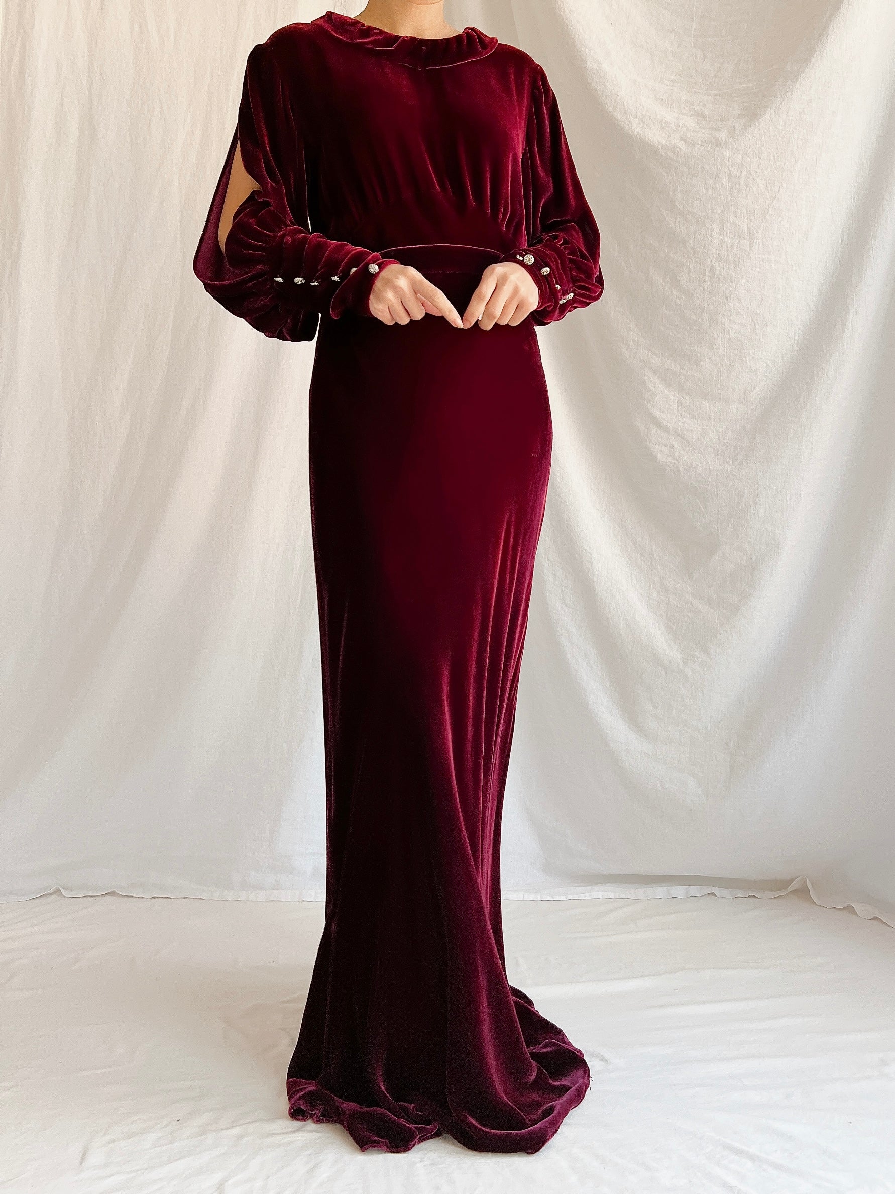 1930s Ruby Silk Velvet Gown - S/M