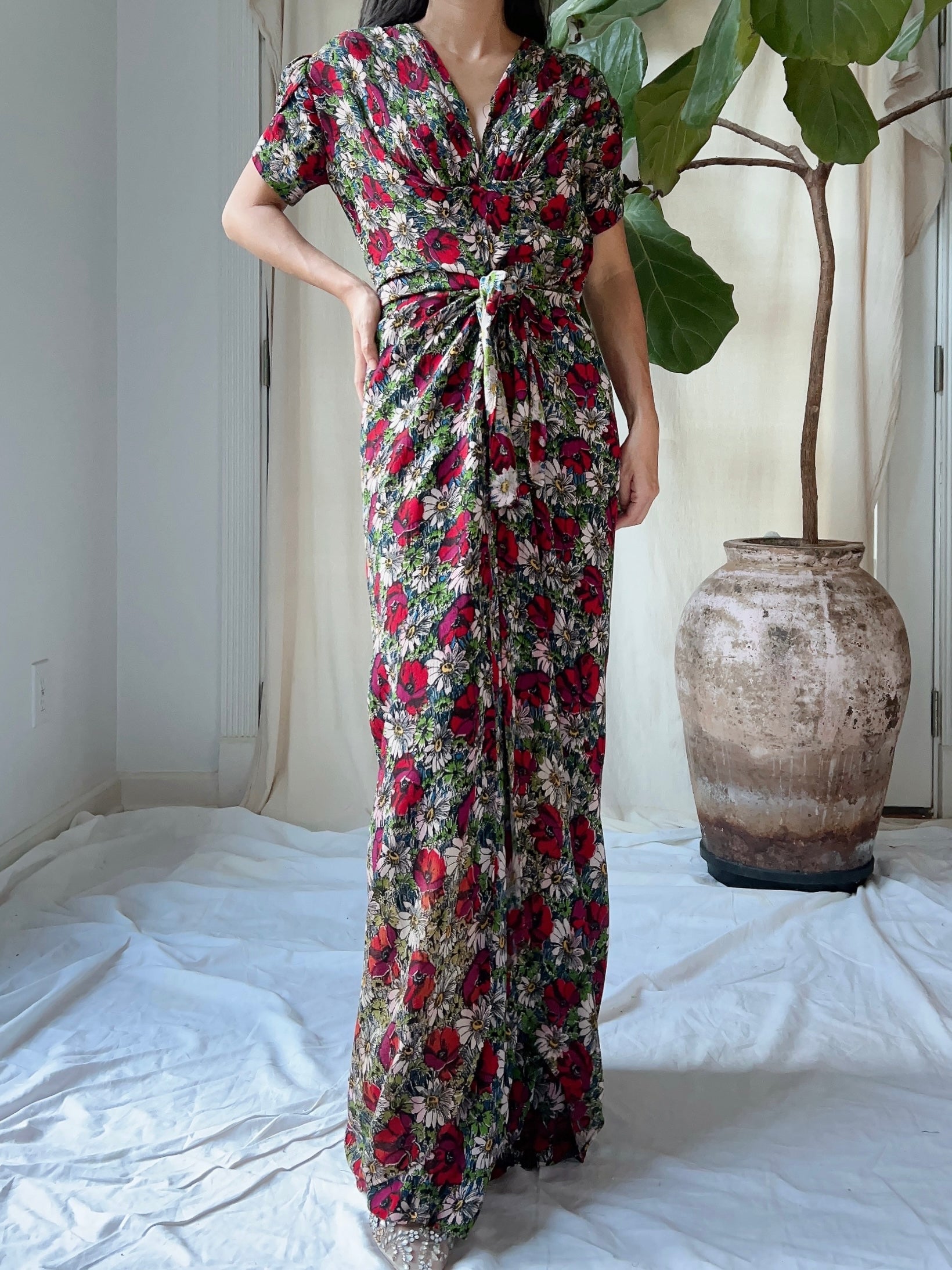 1930s Rayon Floral Dress - M