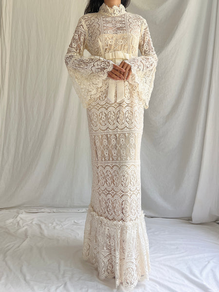 1970s Bell Sleeves Crochet Dress - XS