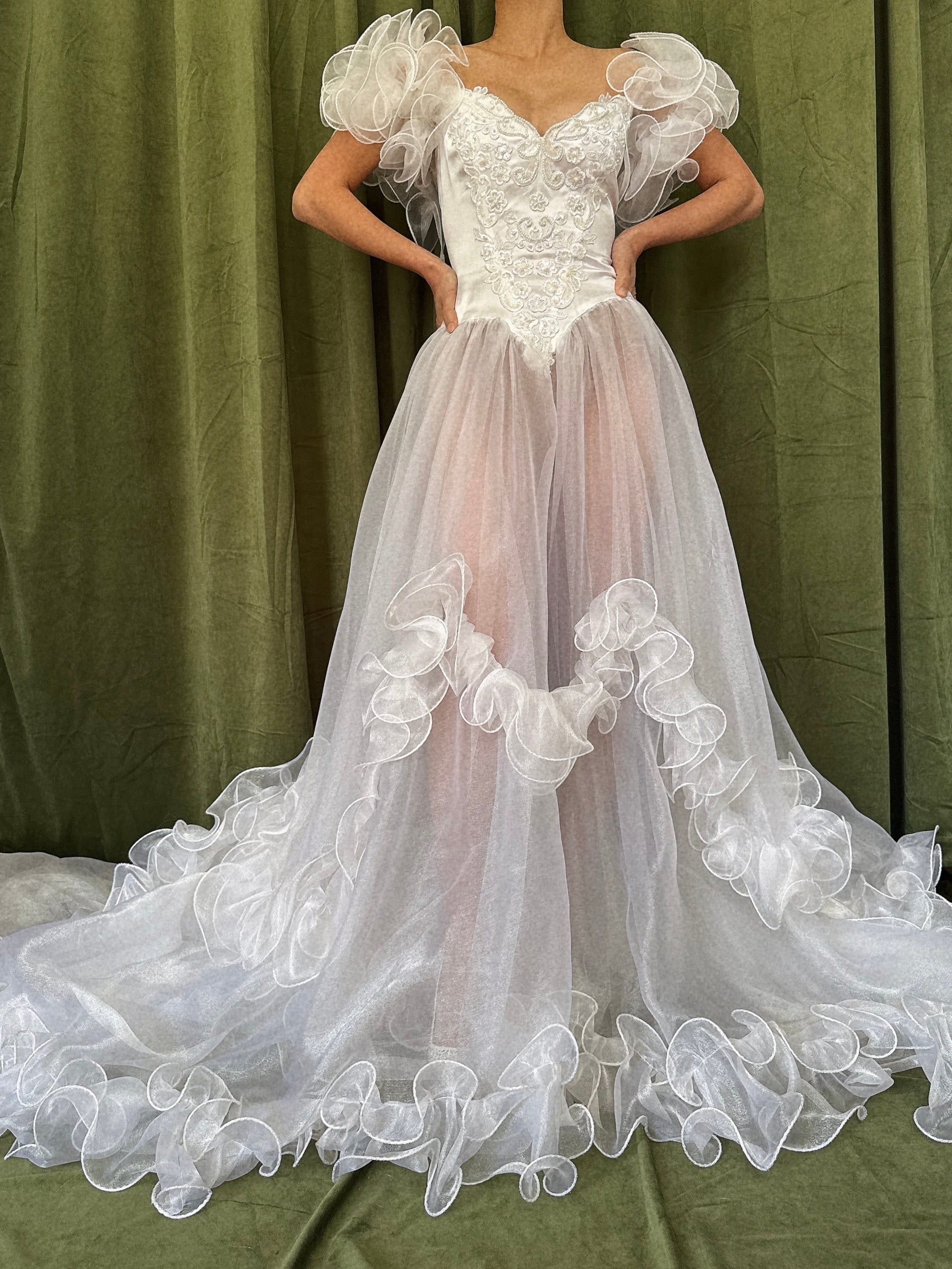 1980s Voile Ruffled Gown - M