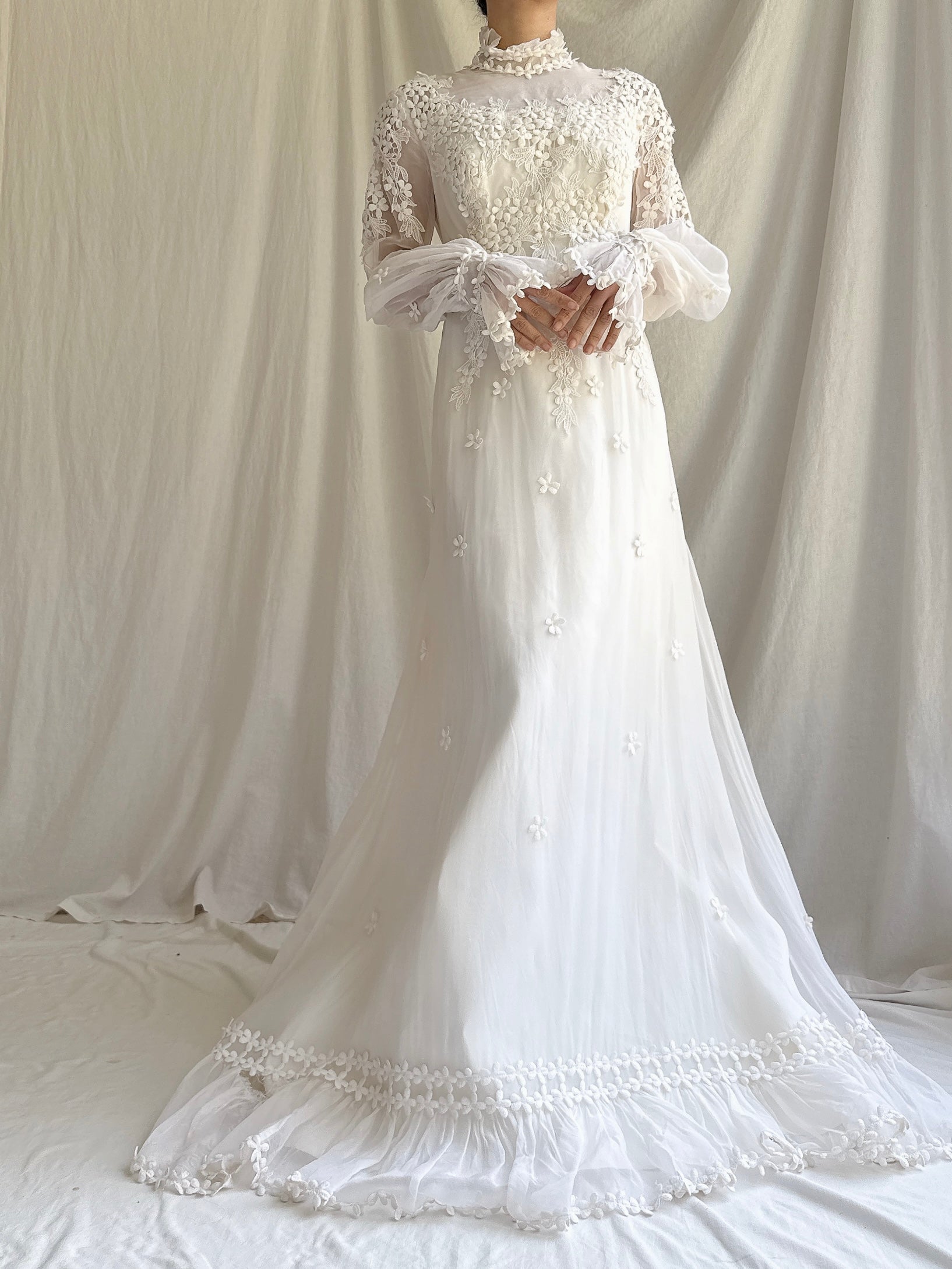 1970s Silk Organza Applique Gown - S