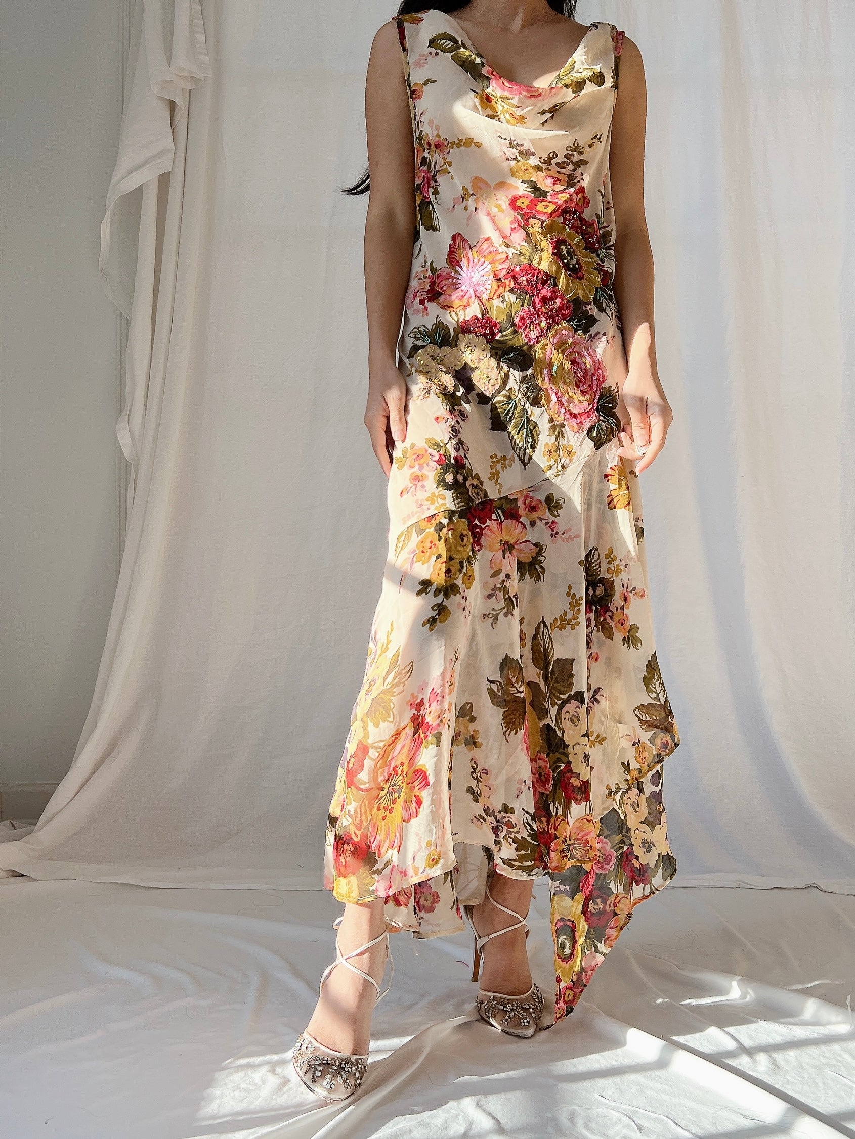 Vintage Chiffon Floral Dress - M