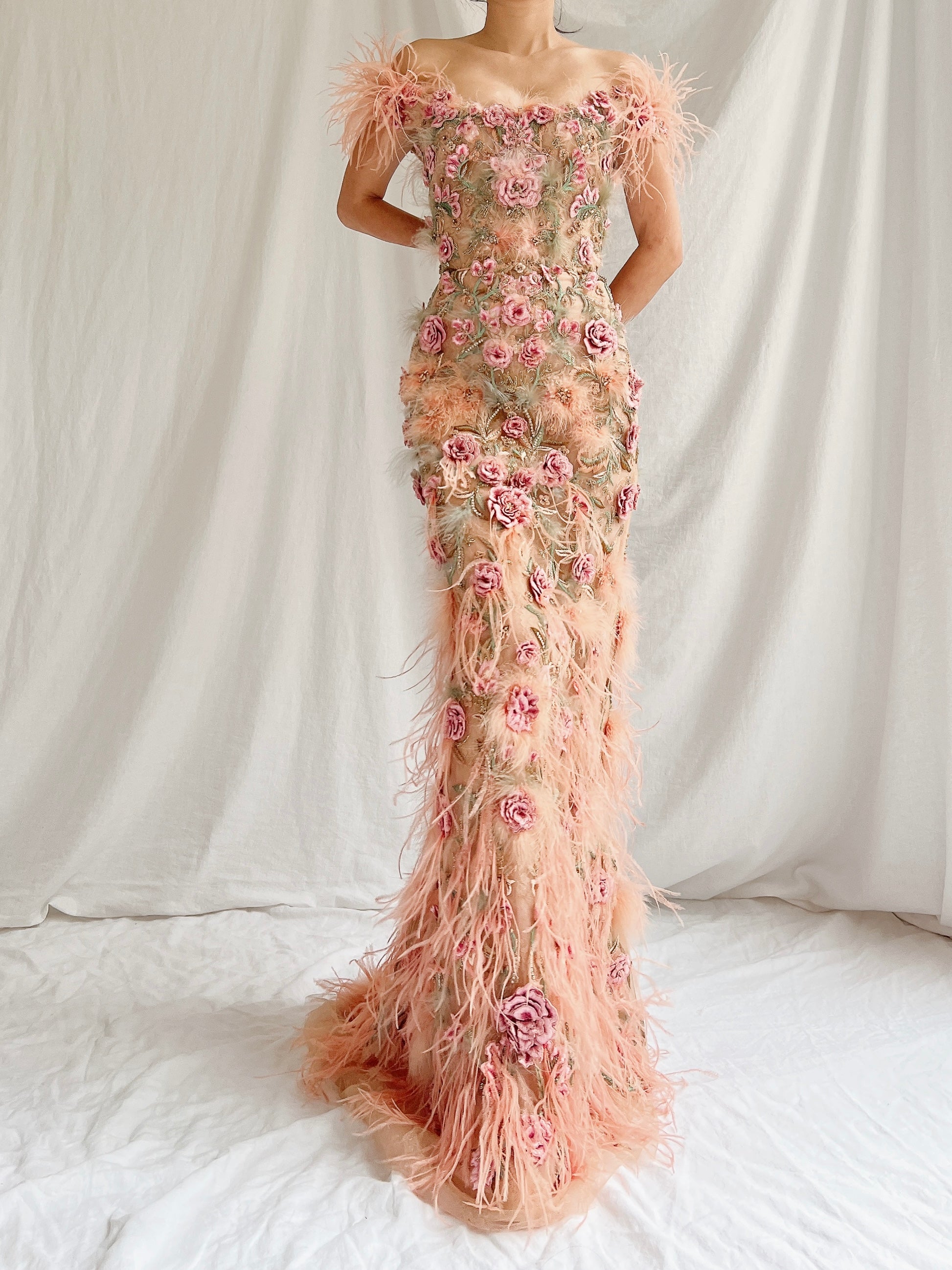 Marchesa Peach Feather 3D Embellished Gown - XS