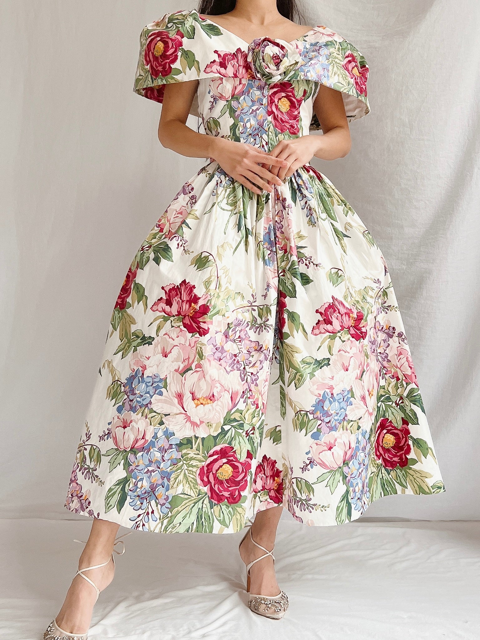 Vintage Polished Cotton Floral Dress - XS