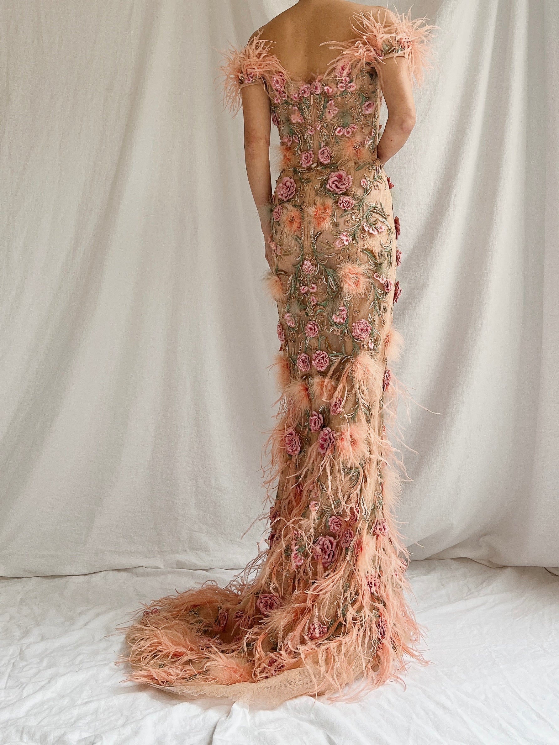 Marchesa Peach Feather 3D Embellished Gown - XS